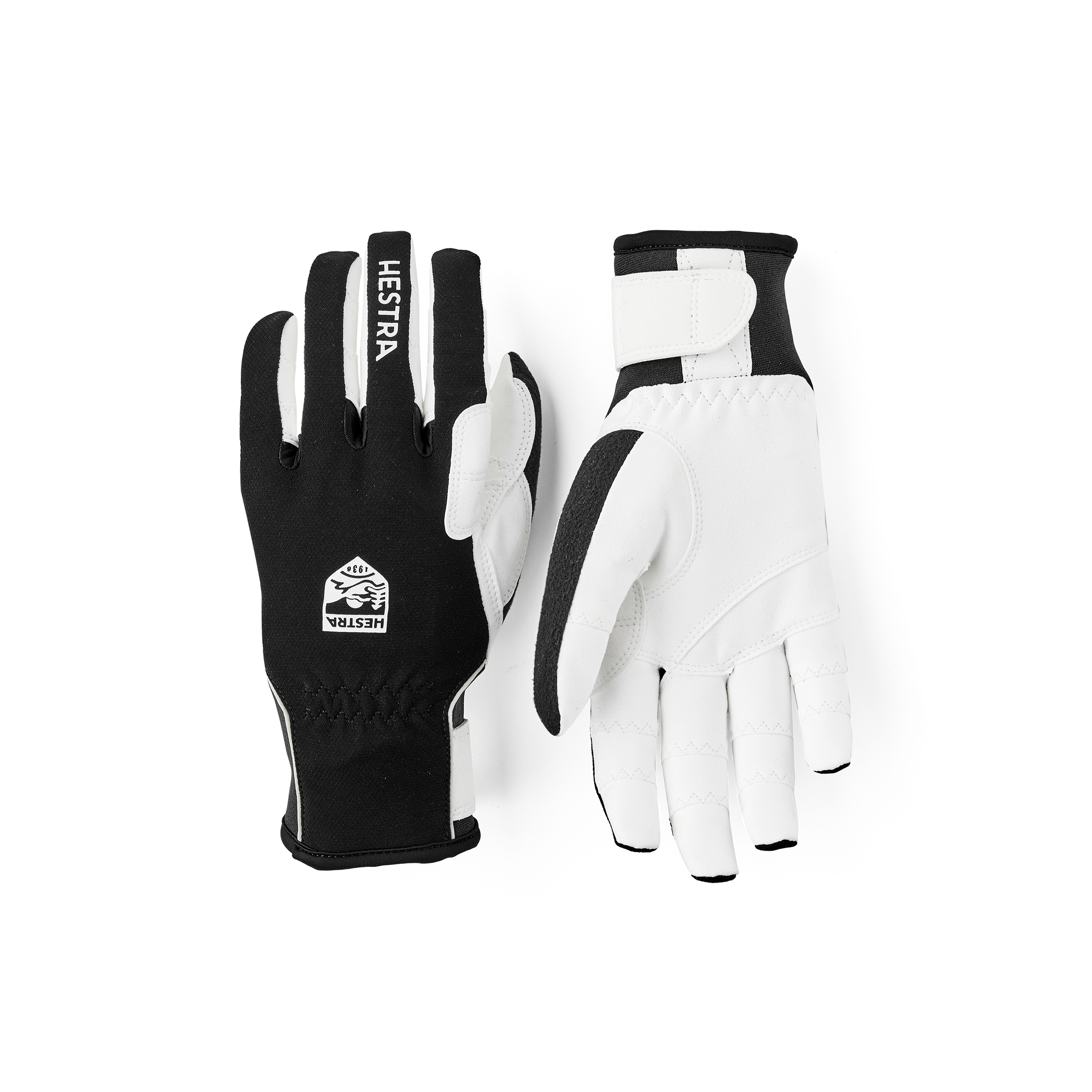 Black fabric cross-country ski glove with white synthetic suede palm