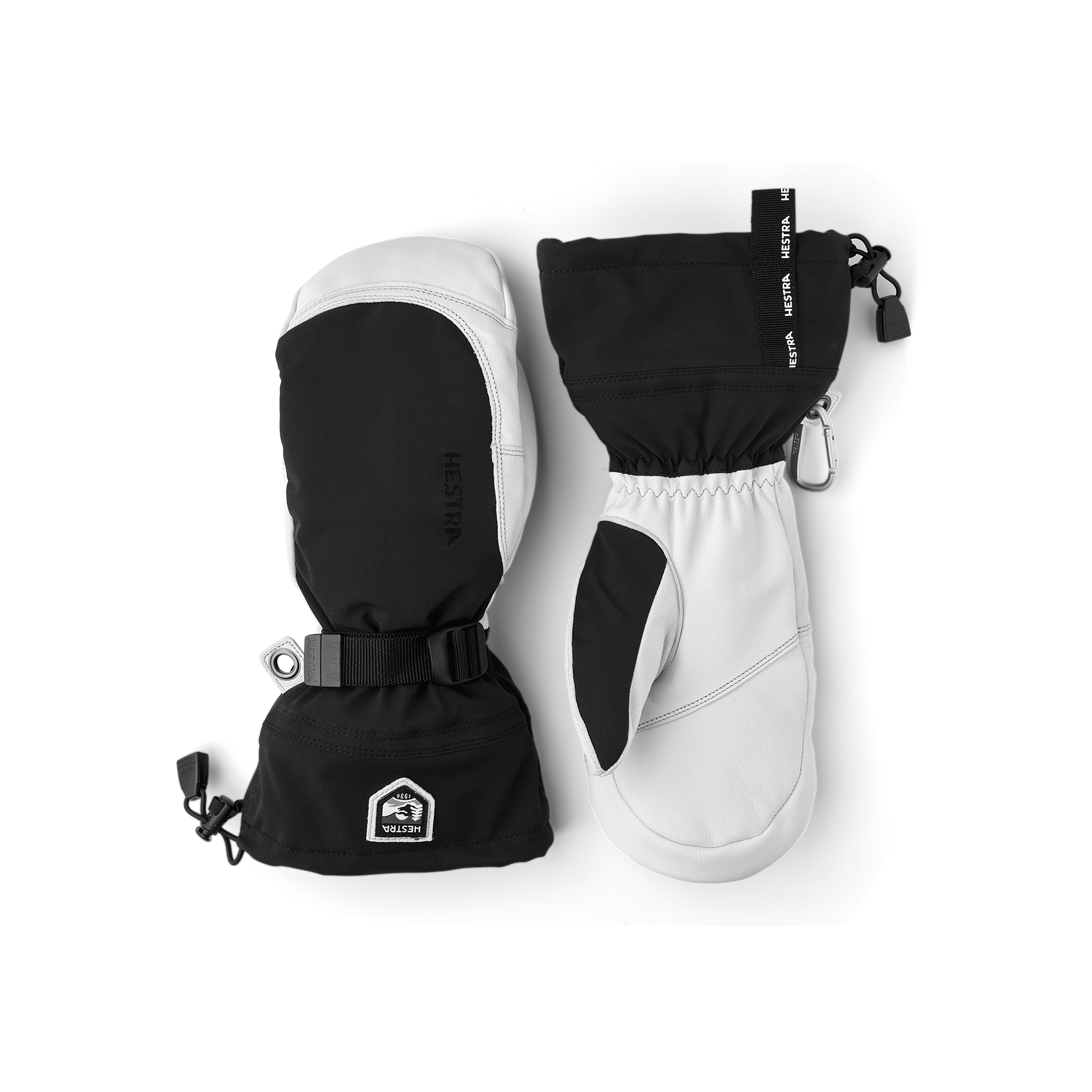 Black mitten with white goat leather palm and wrist adjustment