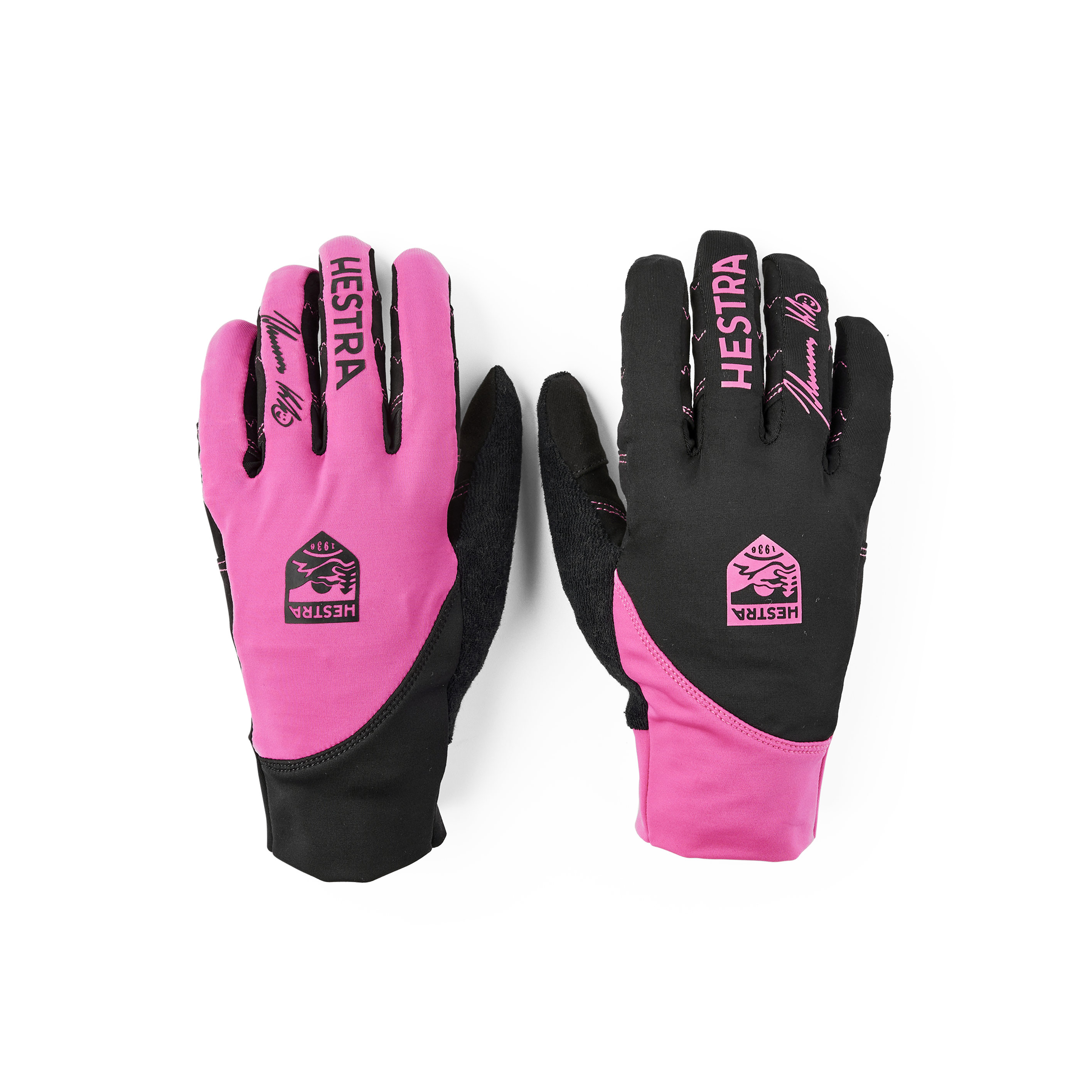 Pink and black cycling glove with lycra back and black synthetic suede palm
