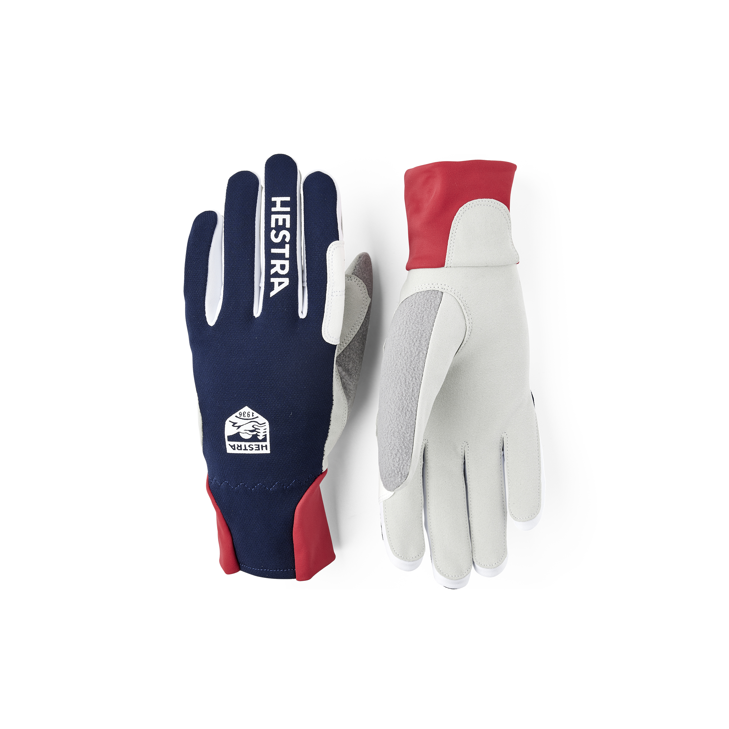 Dark blue and red fabric cross-country ski glove with gray synthetic suede palm