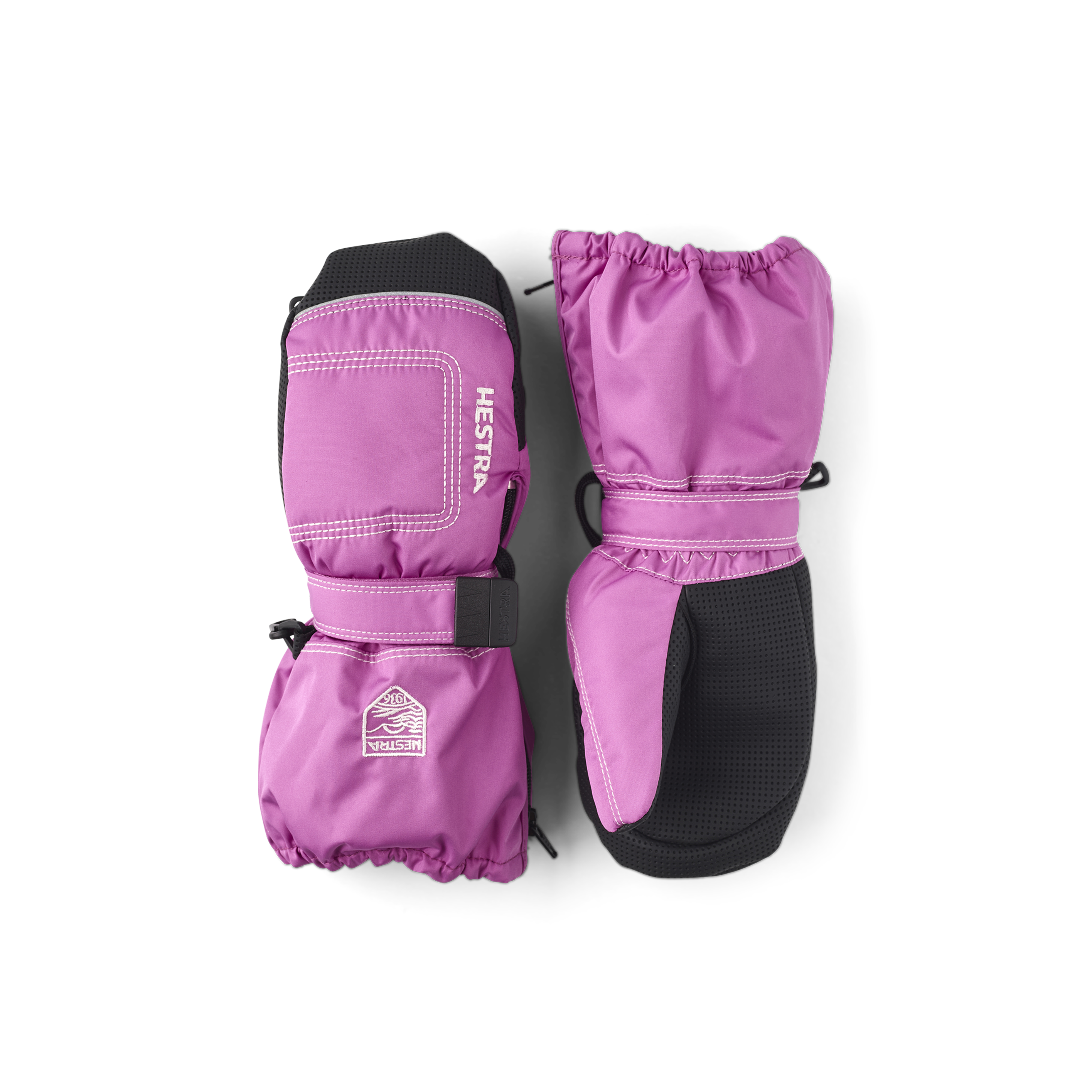 Pink fabric mitten with black palm and wrist adjustment