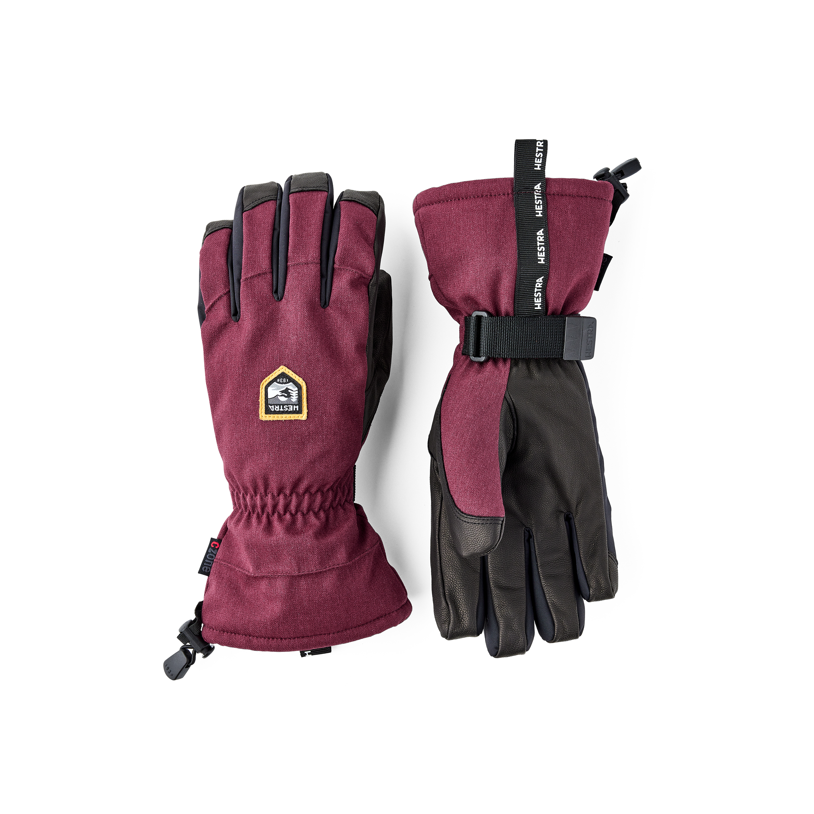 Burgundy ski glove with black goat leather palm and wrist adjustment