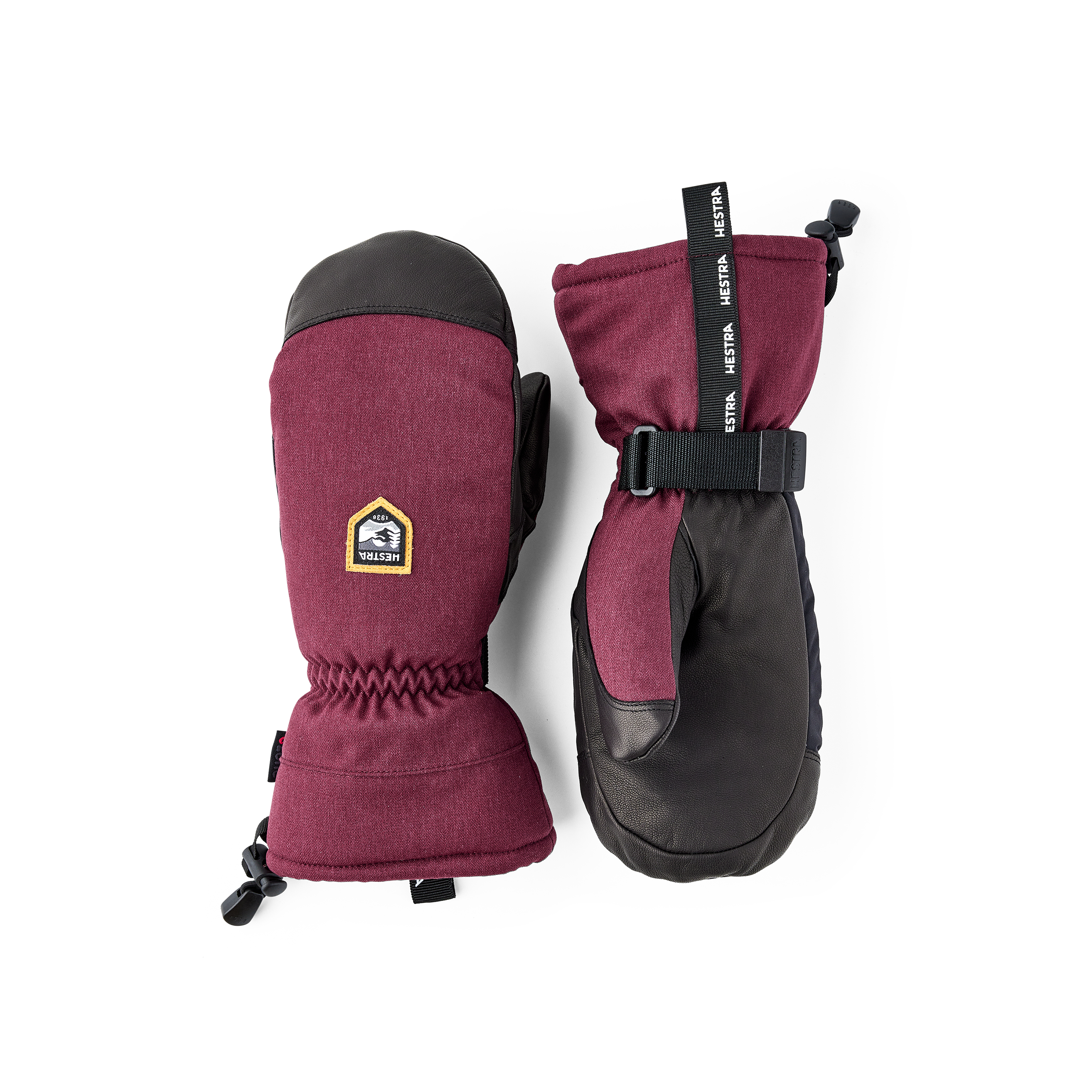 Burgundy mitten with black goat leather palm and wrist adjustment