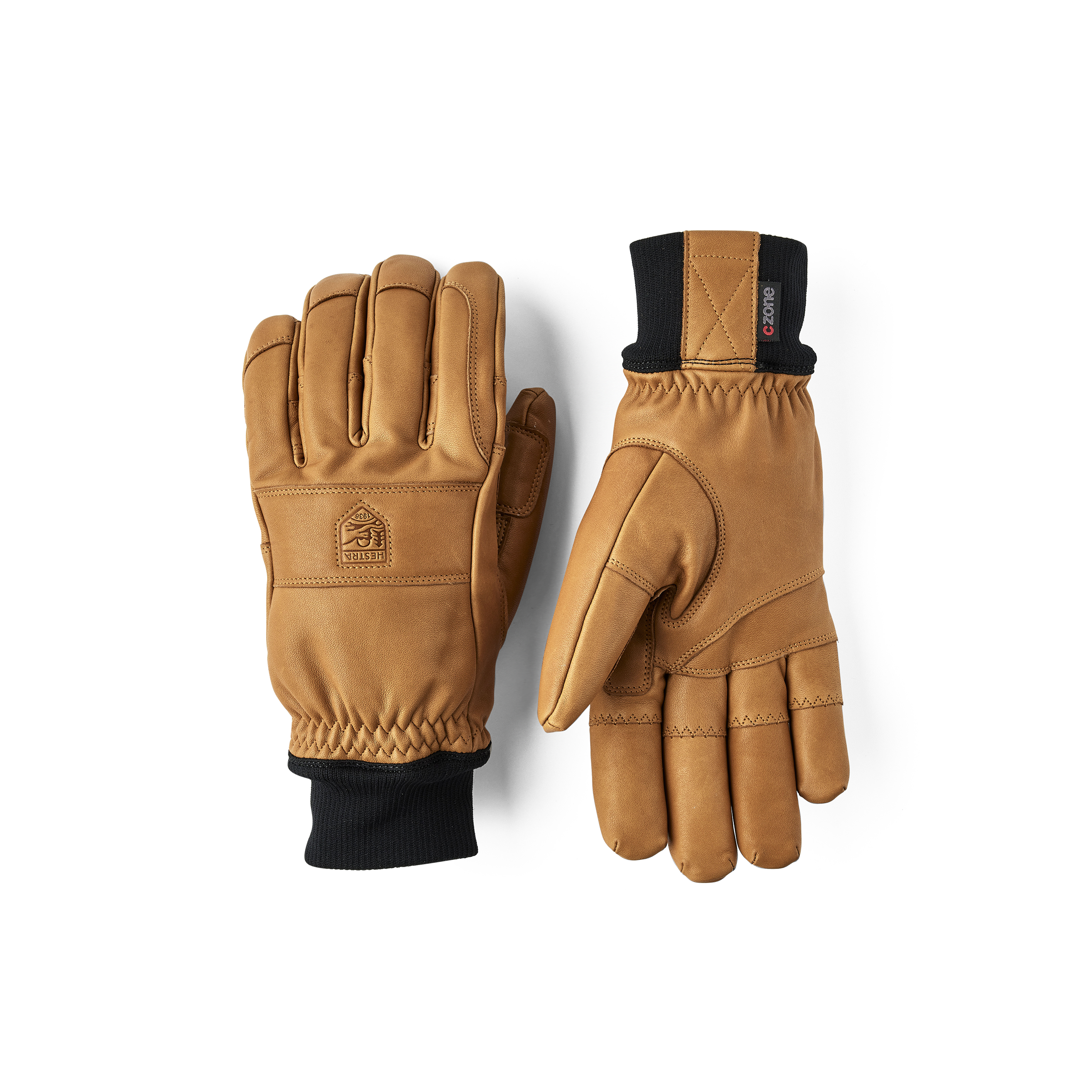 Light brown cow hide ski glove with black ribbed cuff