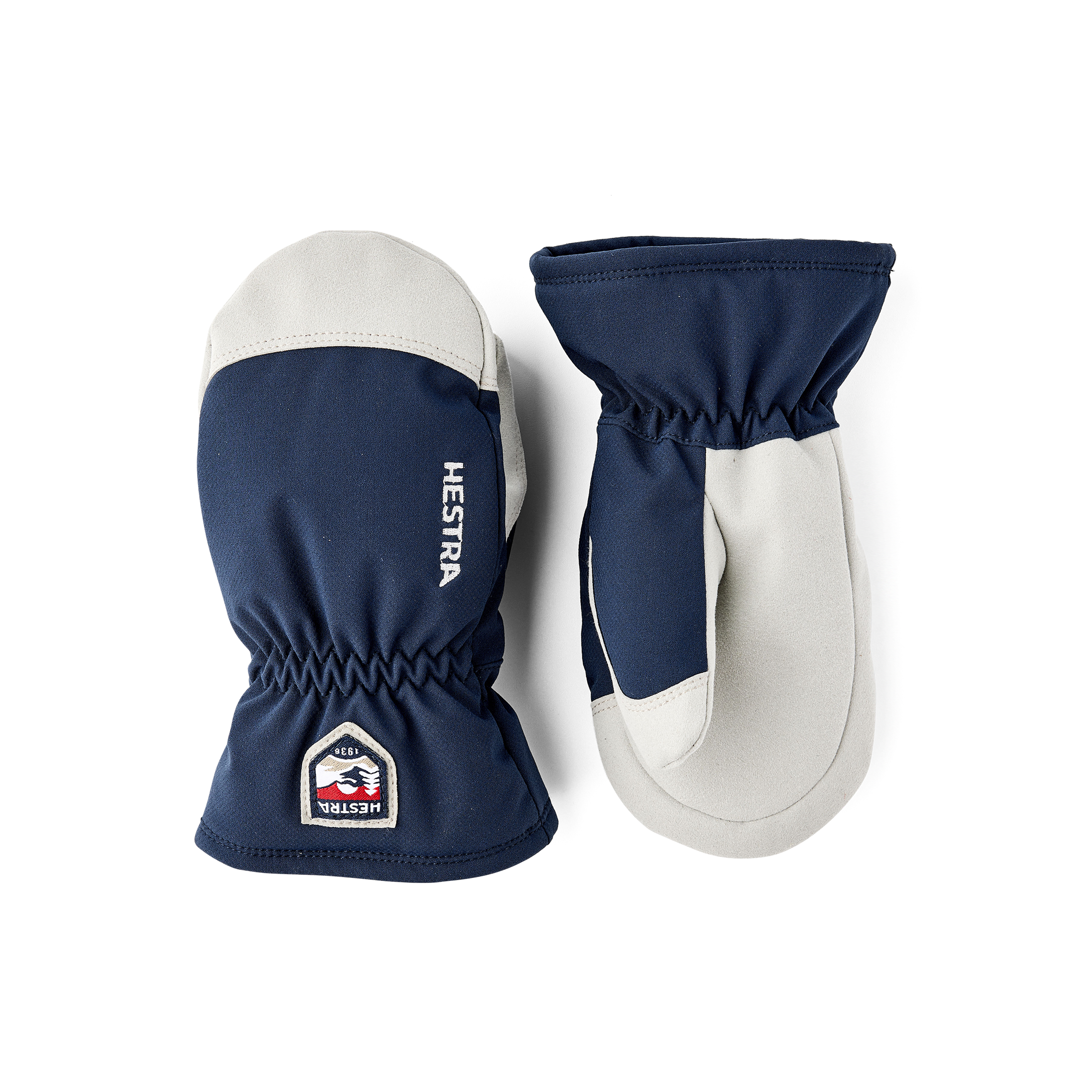 Dark blue fabric mitten with white synthetic suede palm