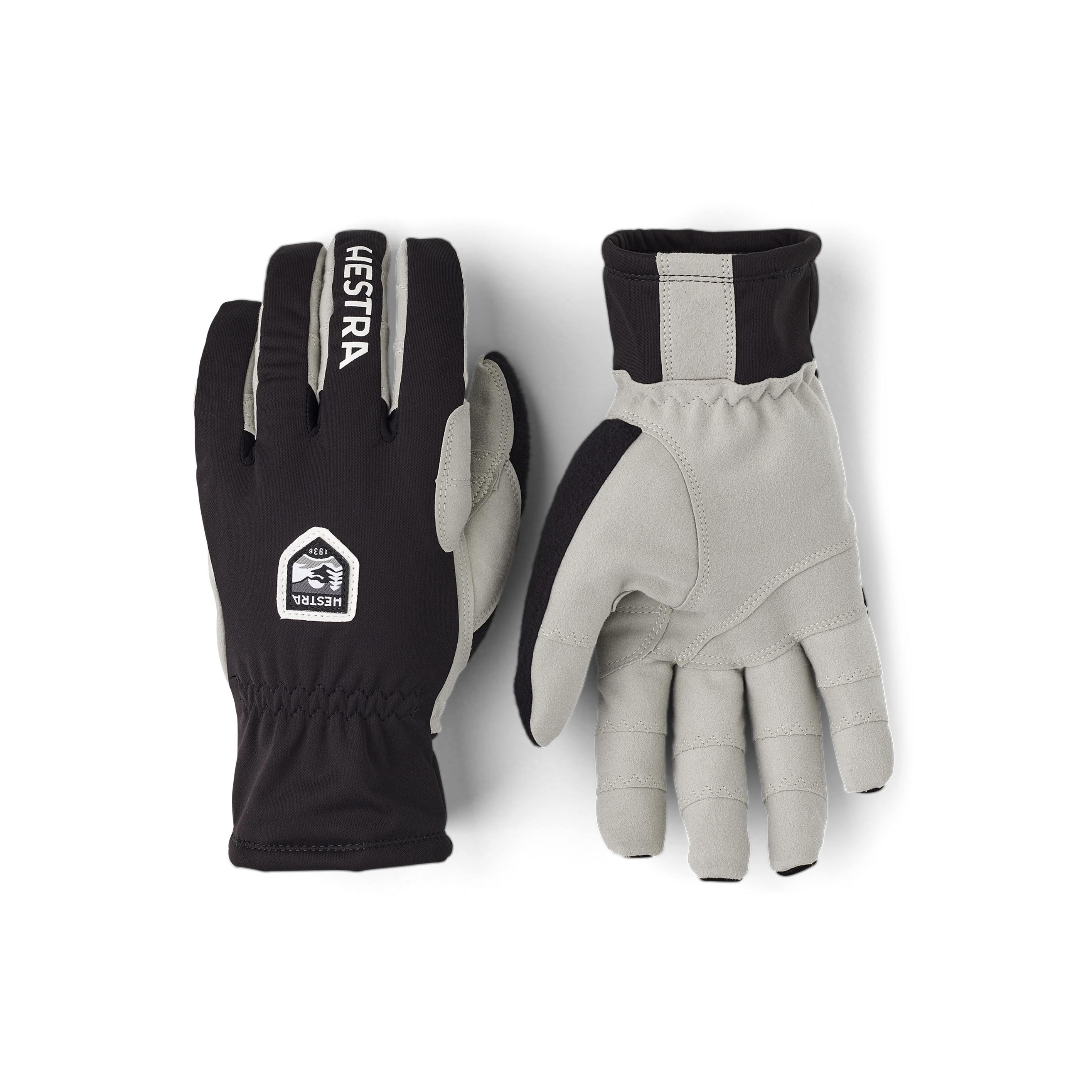 Black fabric cross-country ski glove with gray synthetic suede palm