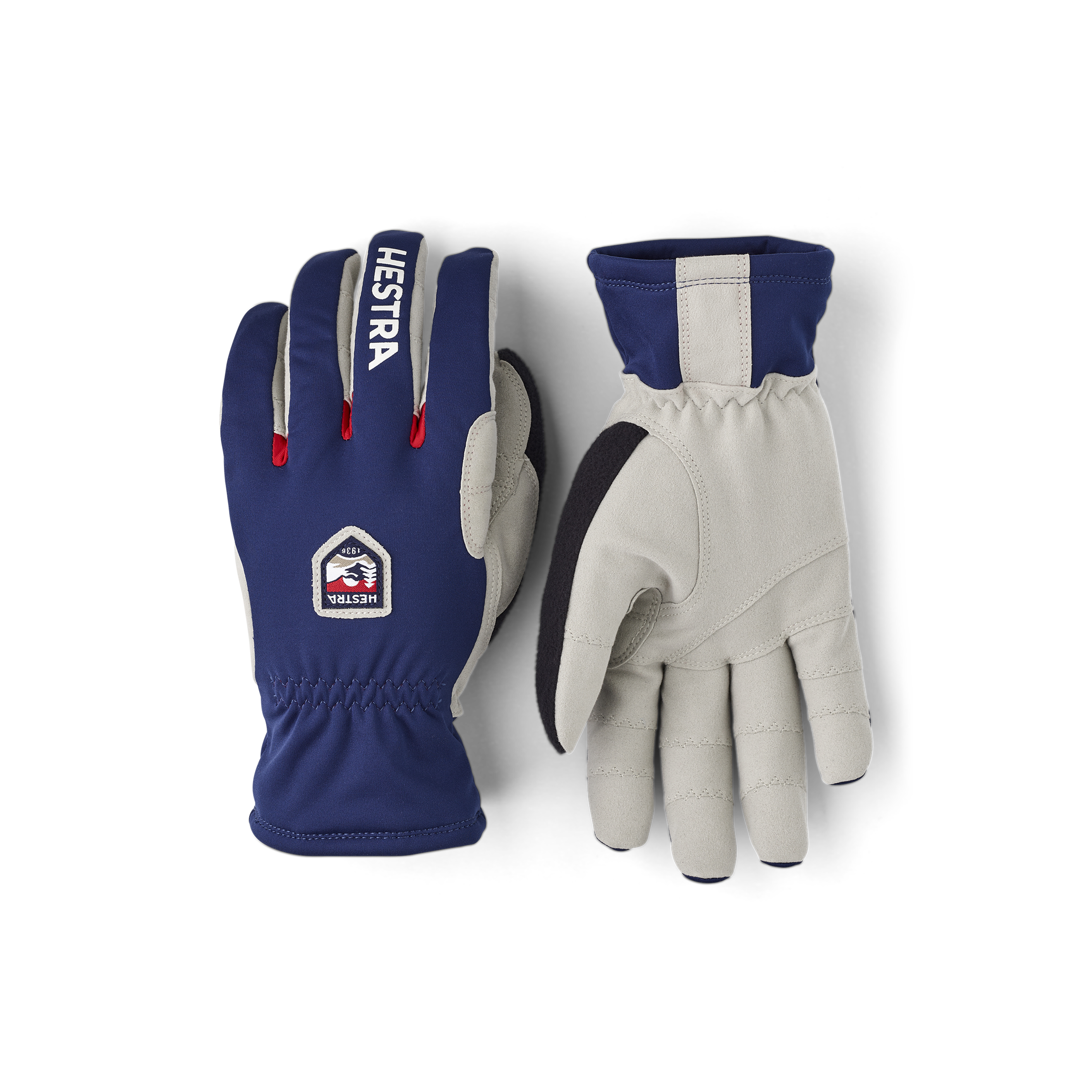 Dark blue fabric cross-country ski glove with gray synthetic suede palm