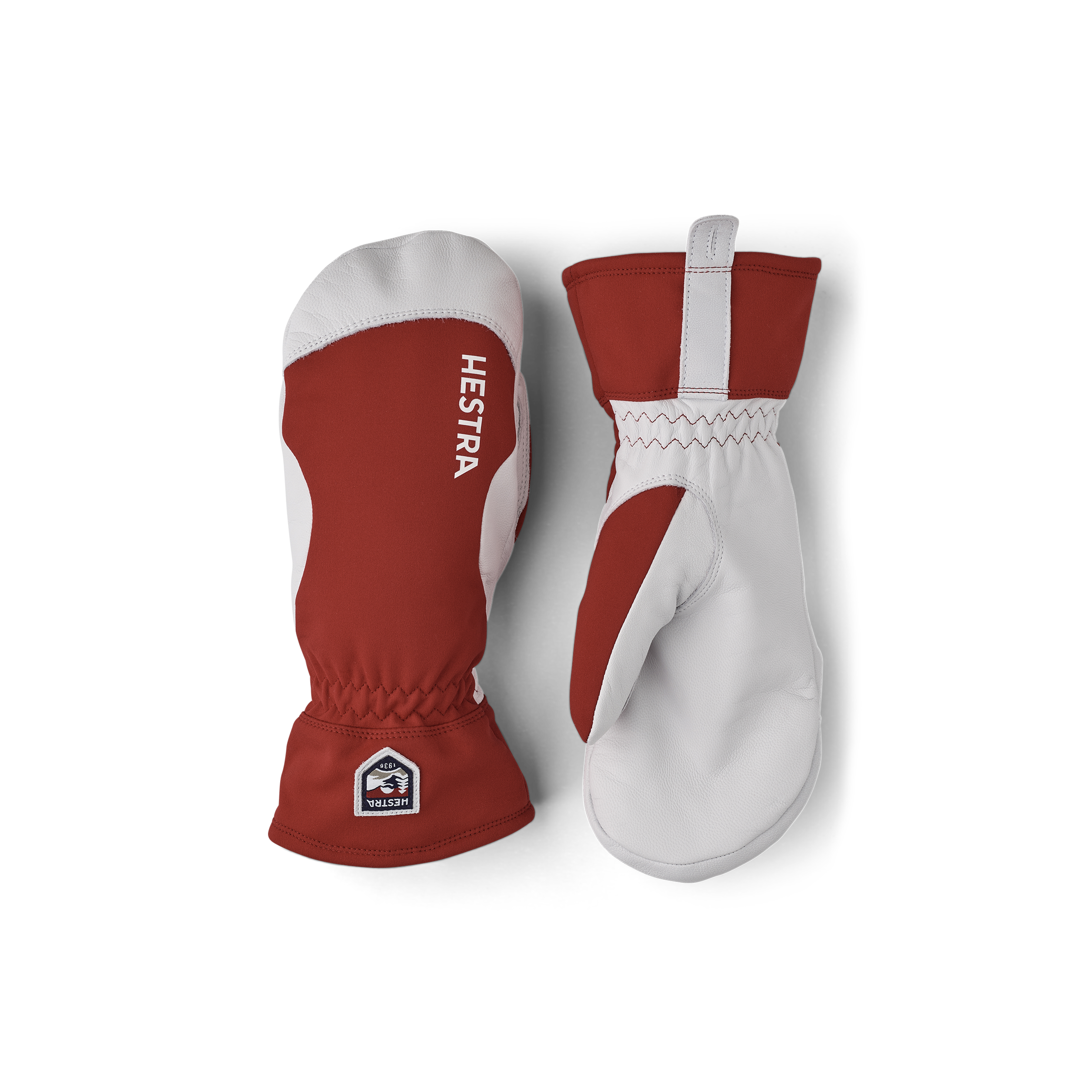 Red mitten with light gray goat leather palm