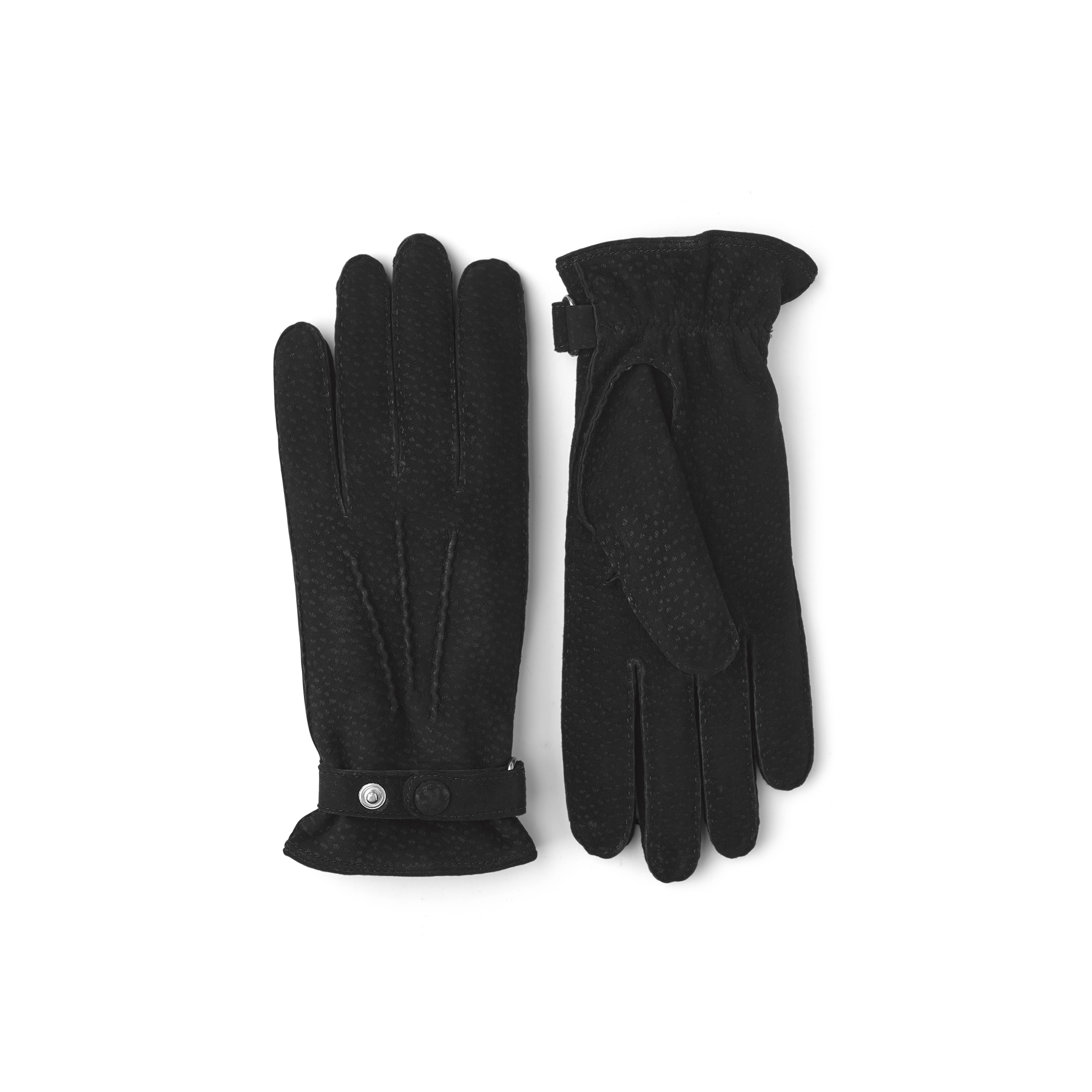 Black hand-sewn glove in carpincho nubuck with leather strap and button