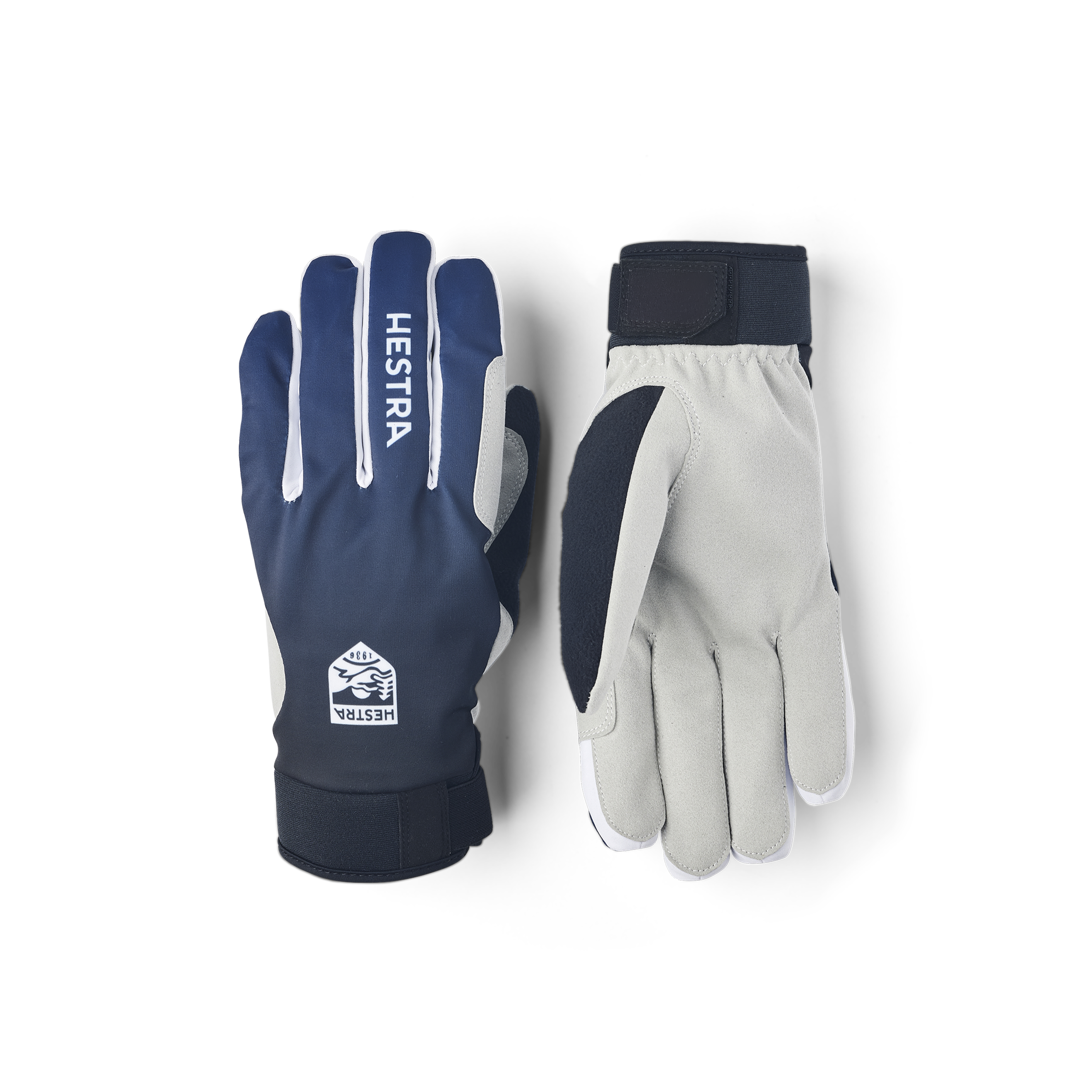 Dark blue fabric cross-country ski glove with white synthetic suede palm