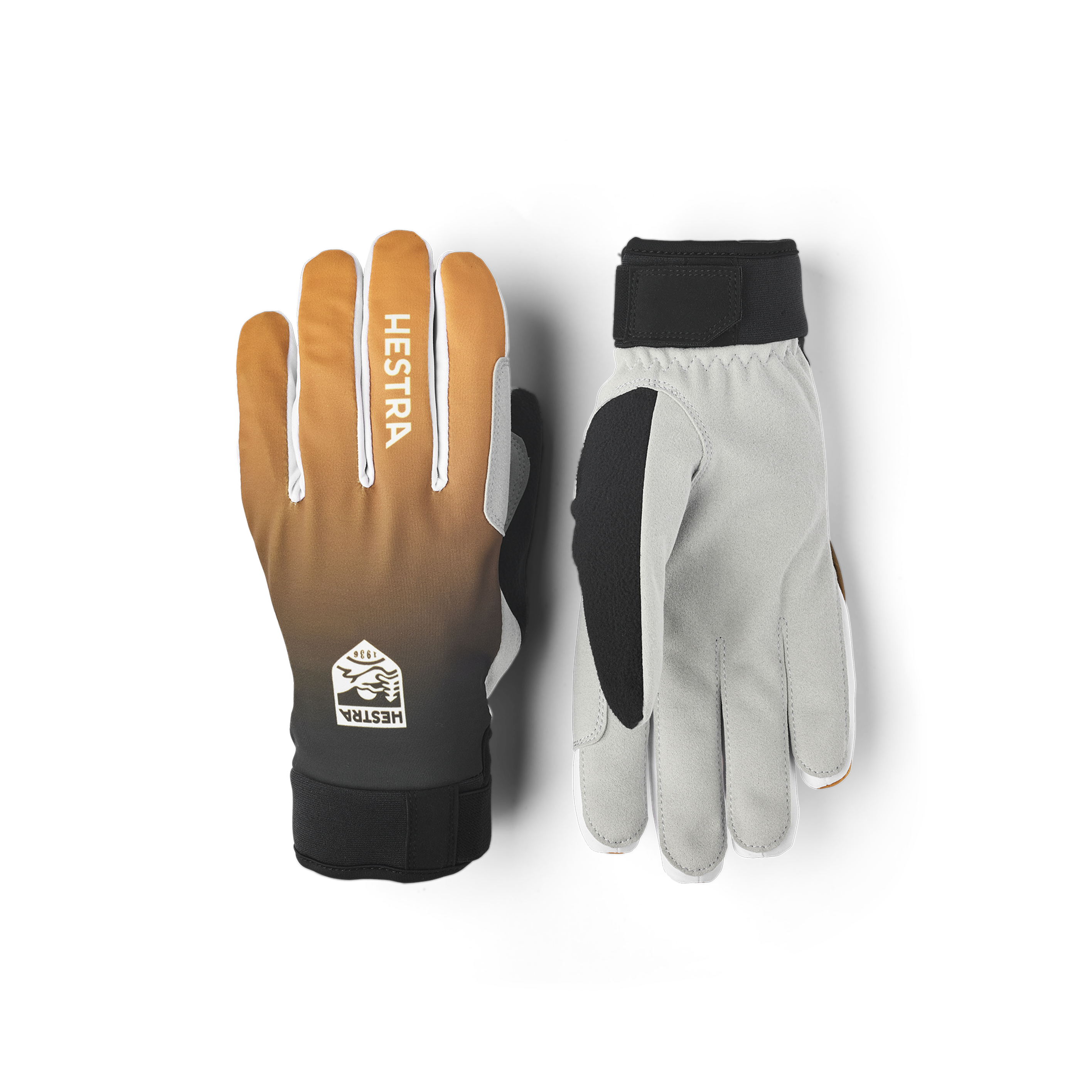 Black and orange fabric cross-country ski glove with gray synthetic suede palm