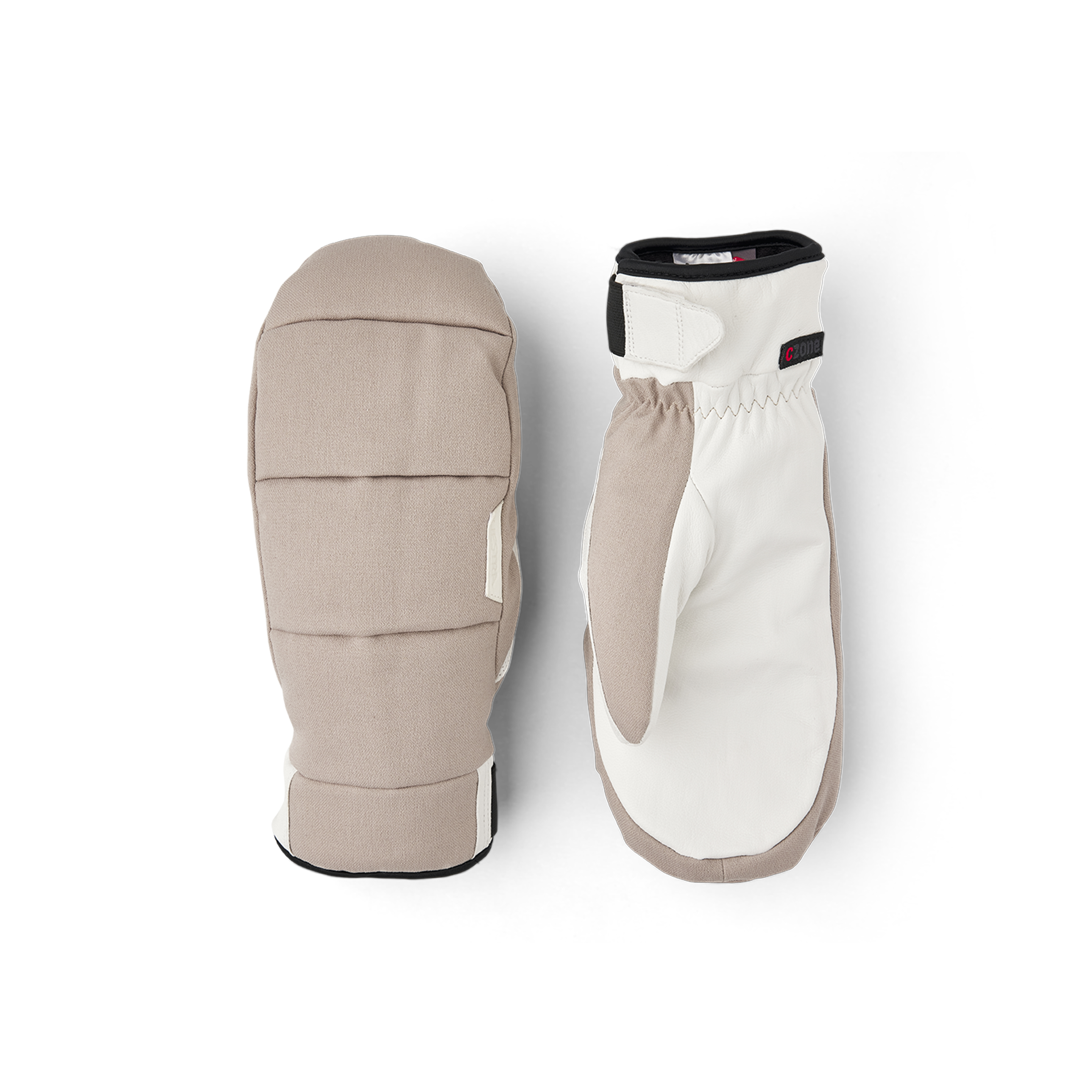 Beige fabric mitten with white goat leather palm