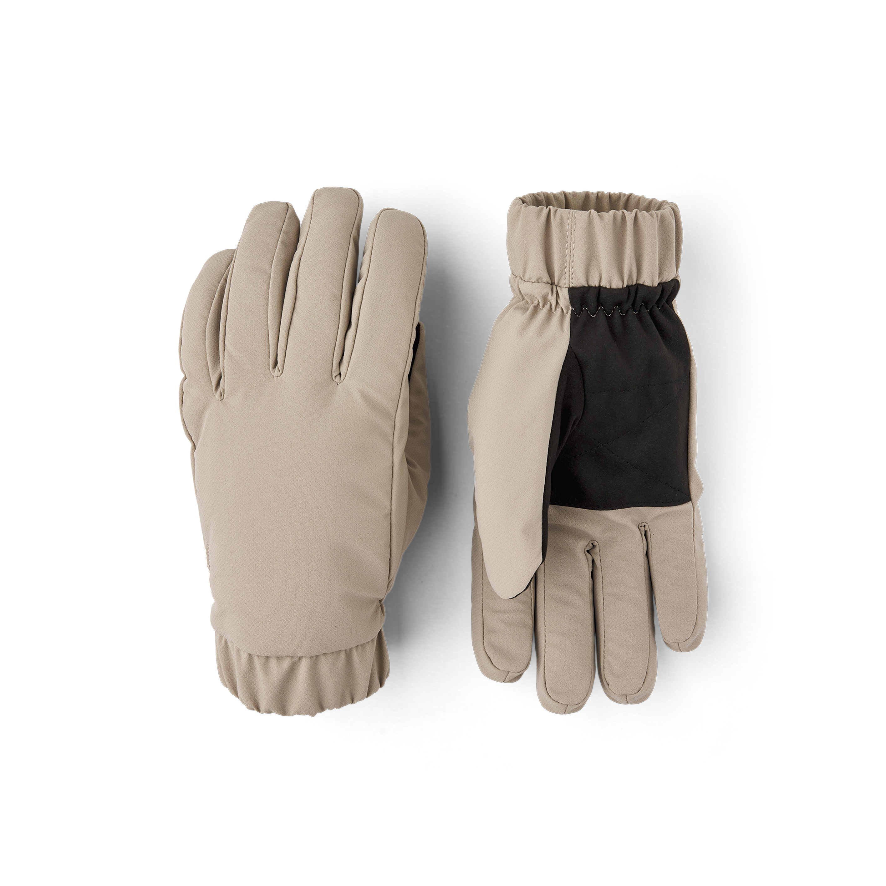 Beige fabric glove with elasticated fabric cuff and black palm