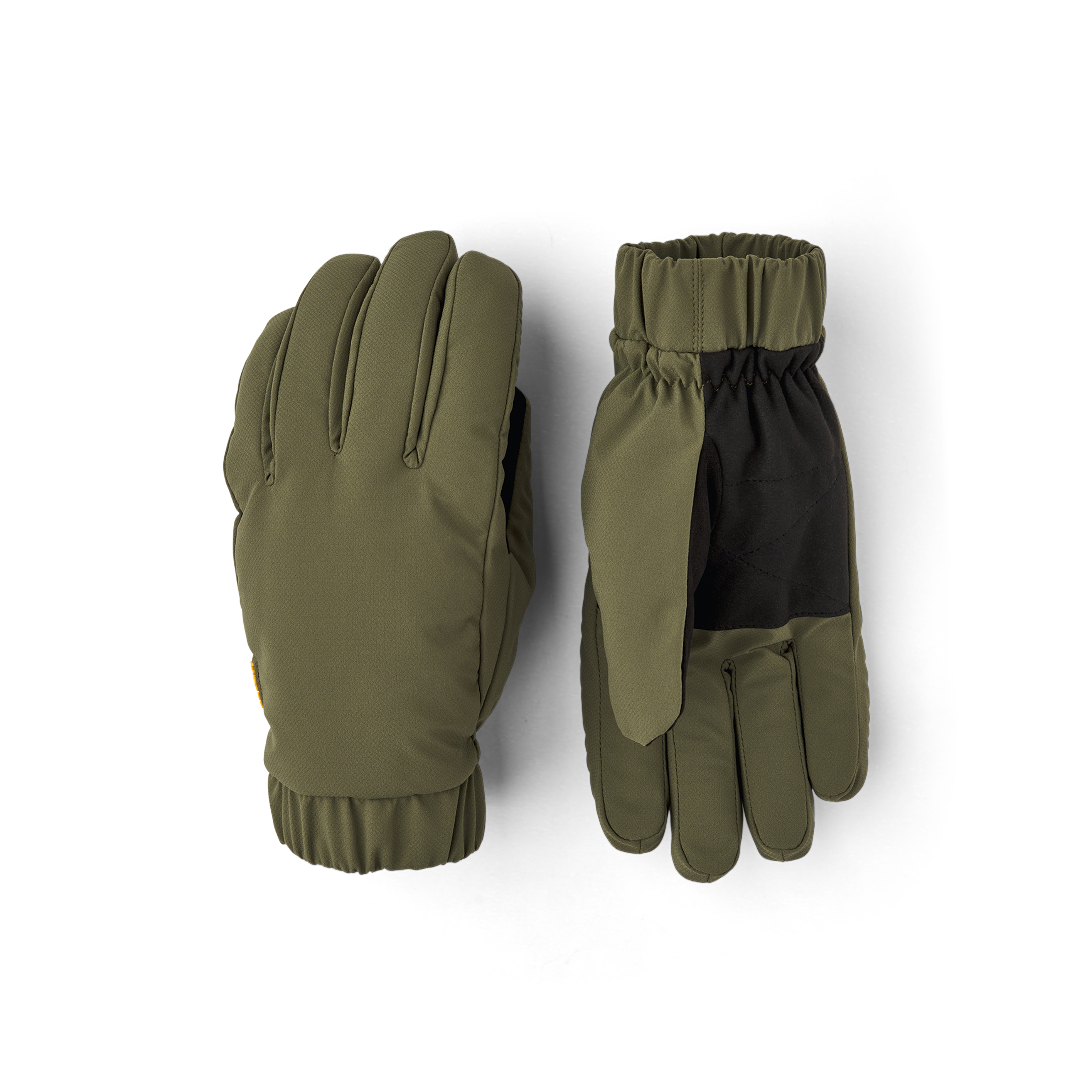 Green fabric glove with elasticated fabric cuff and black palm