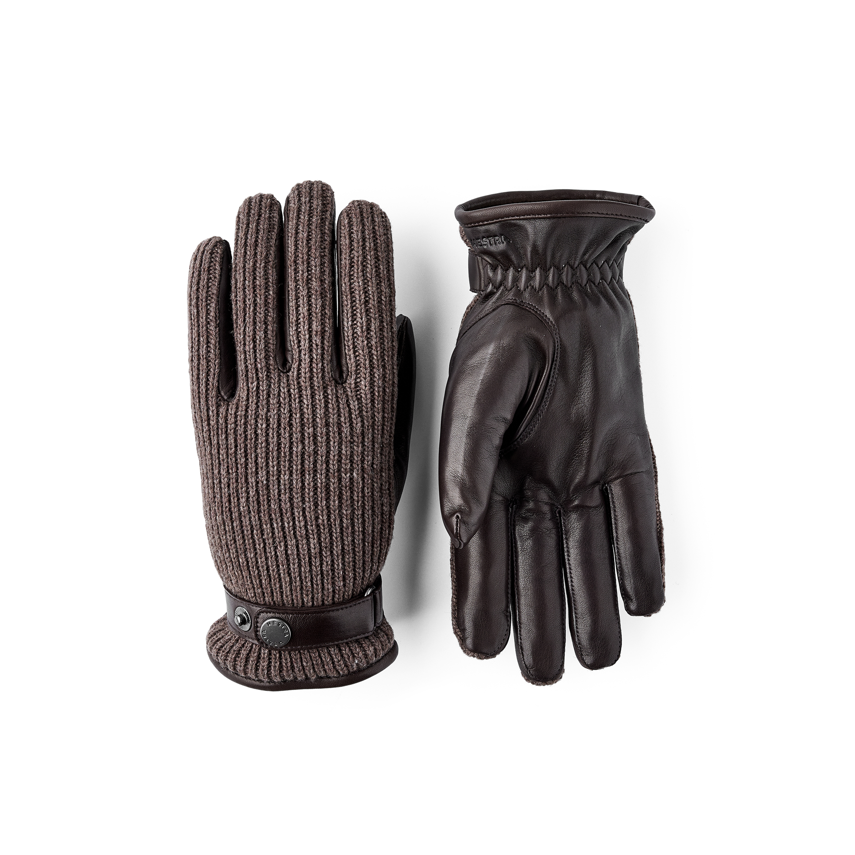Dark brown machine-sewn hairsheep leather glove with brown ribbed wool back