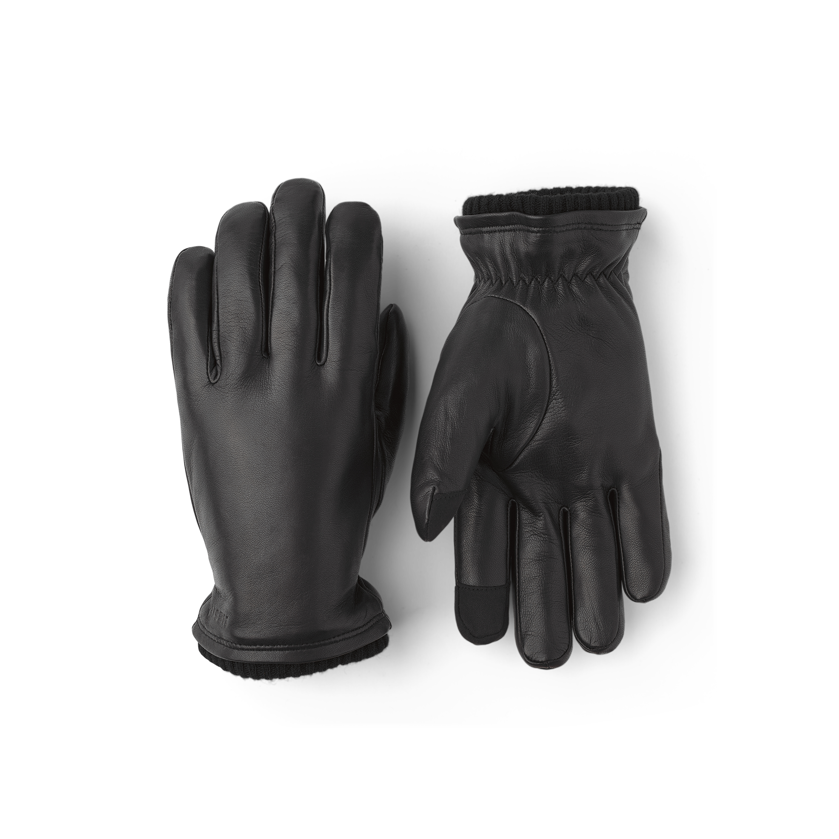 Black machine-sewn hairsheep leather glove with knitted cuff