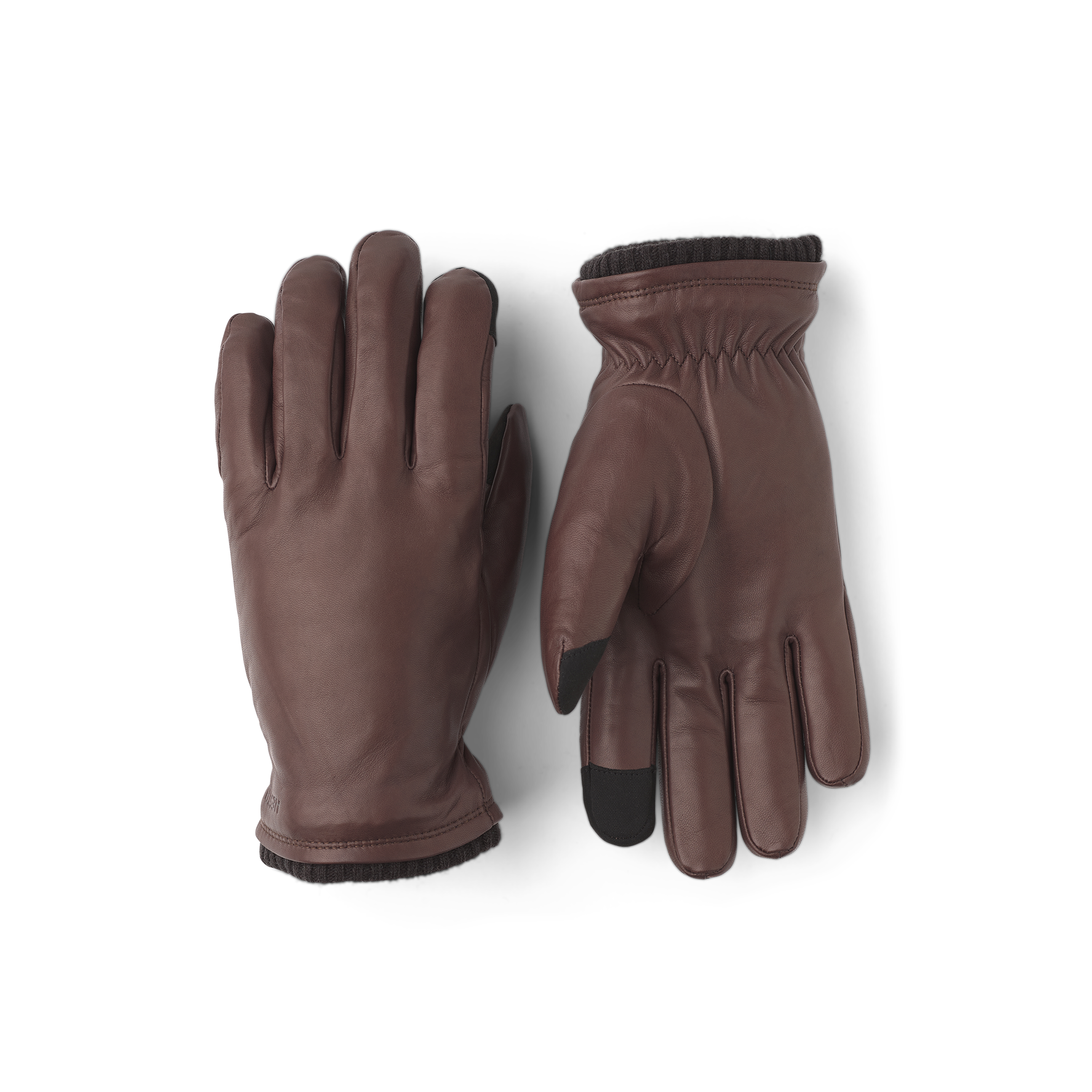 Brown machine-sewn hairsheep leather glove with knitted cuff