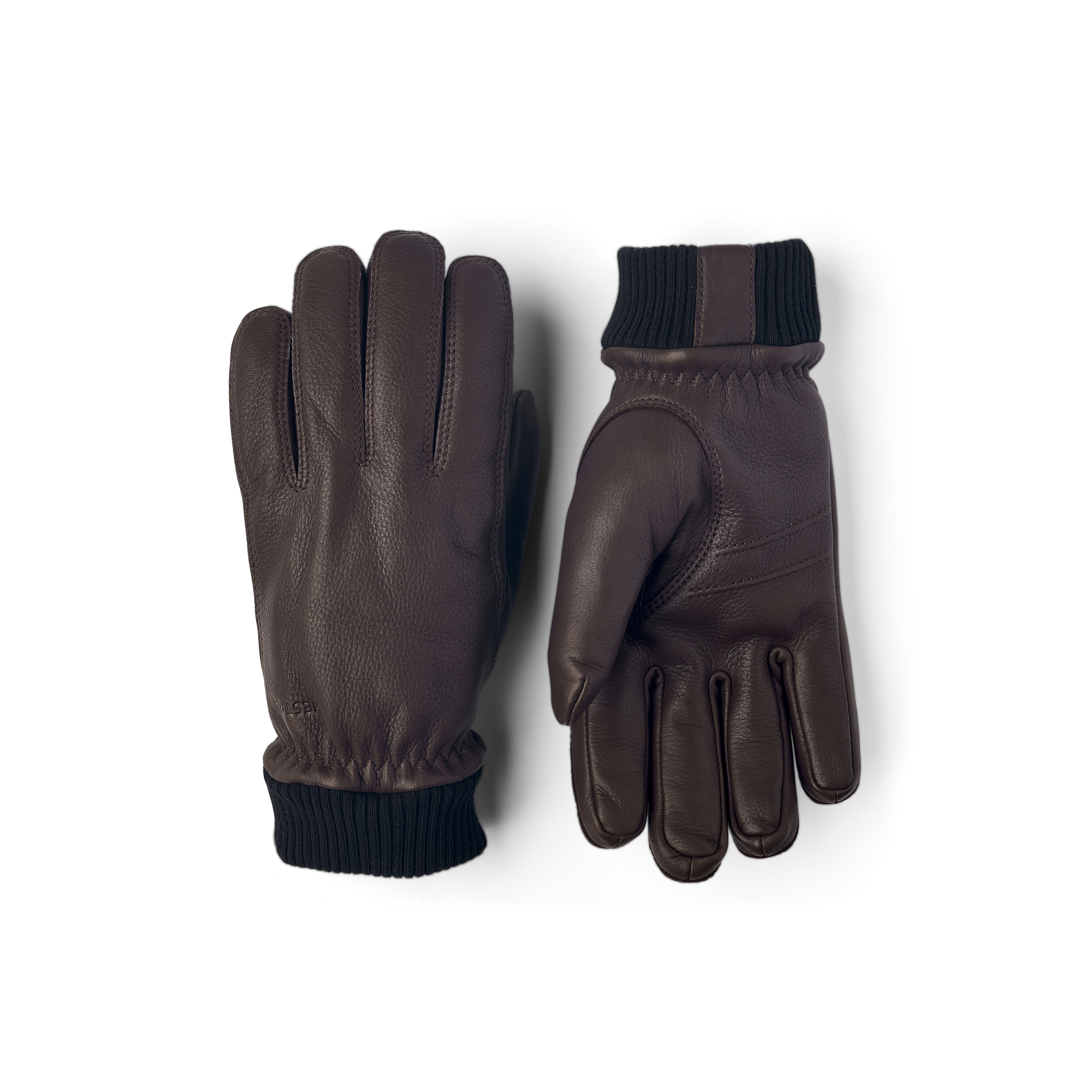Chocolate machine-sewn deerskin glove with knitted cuff
