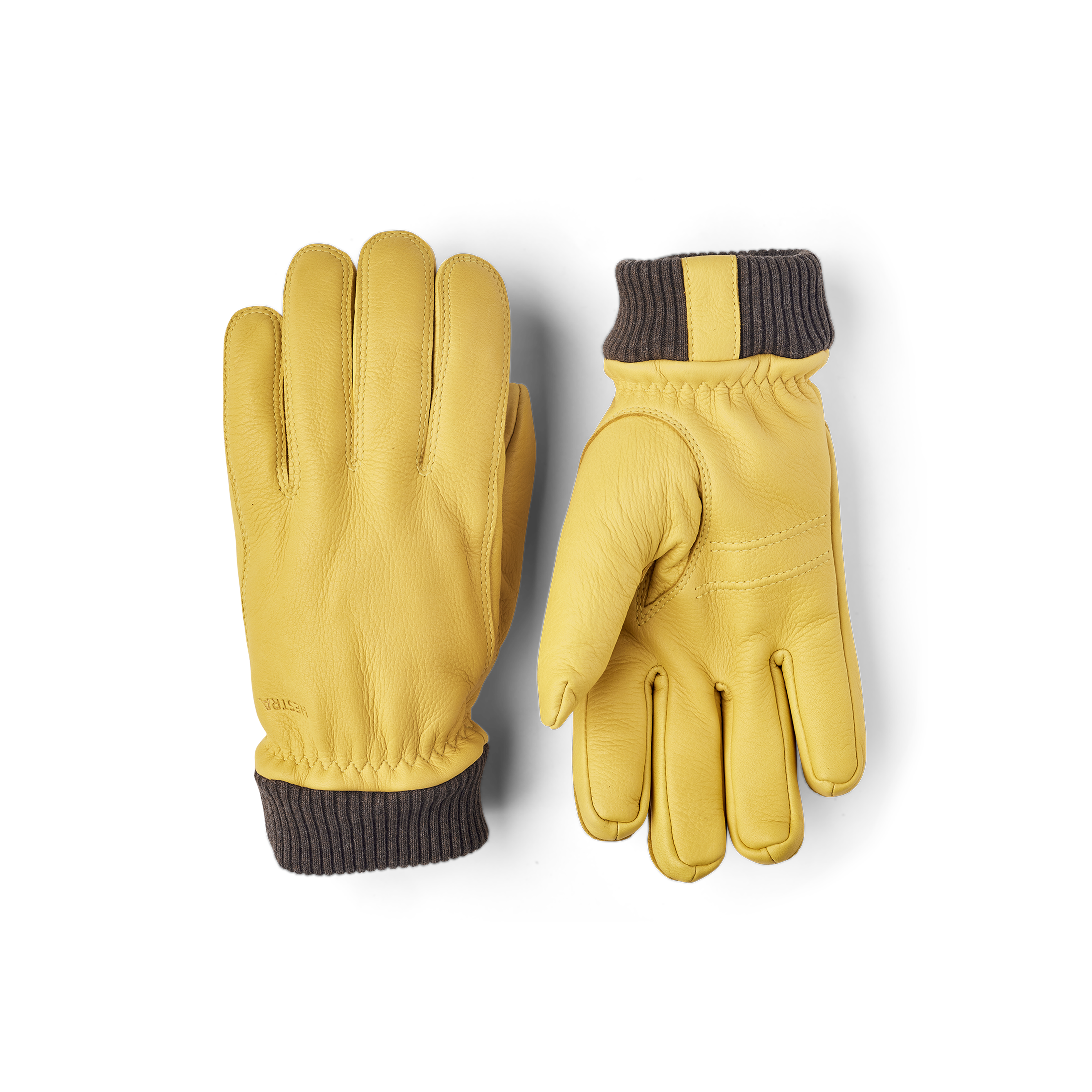 Yellow machine-sewn deerskin glove with knitted cuff