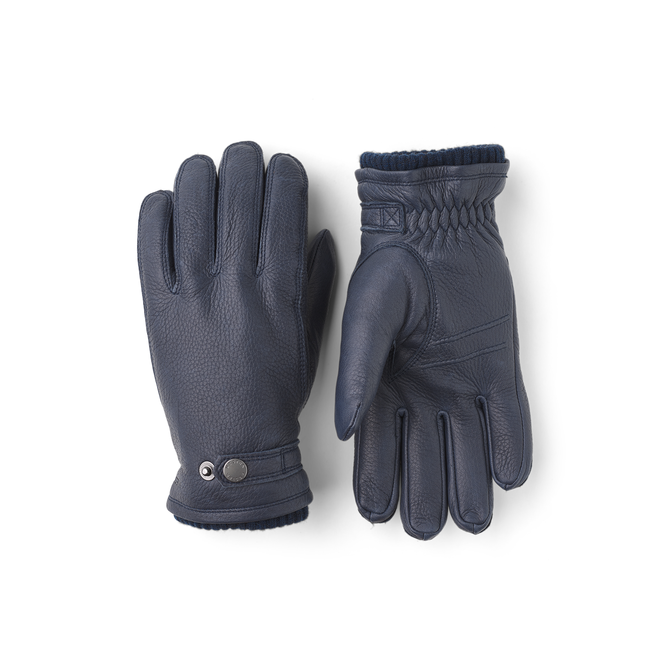 Dark blue machine-sewn elk leather glove with leather strap and button