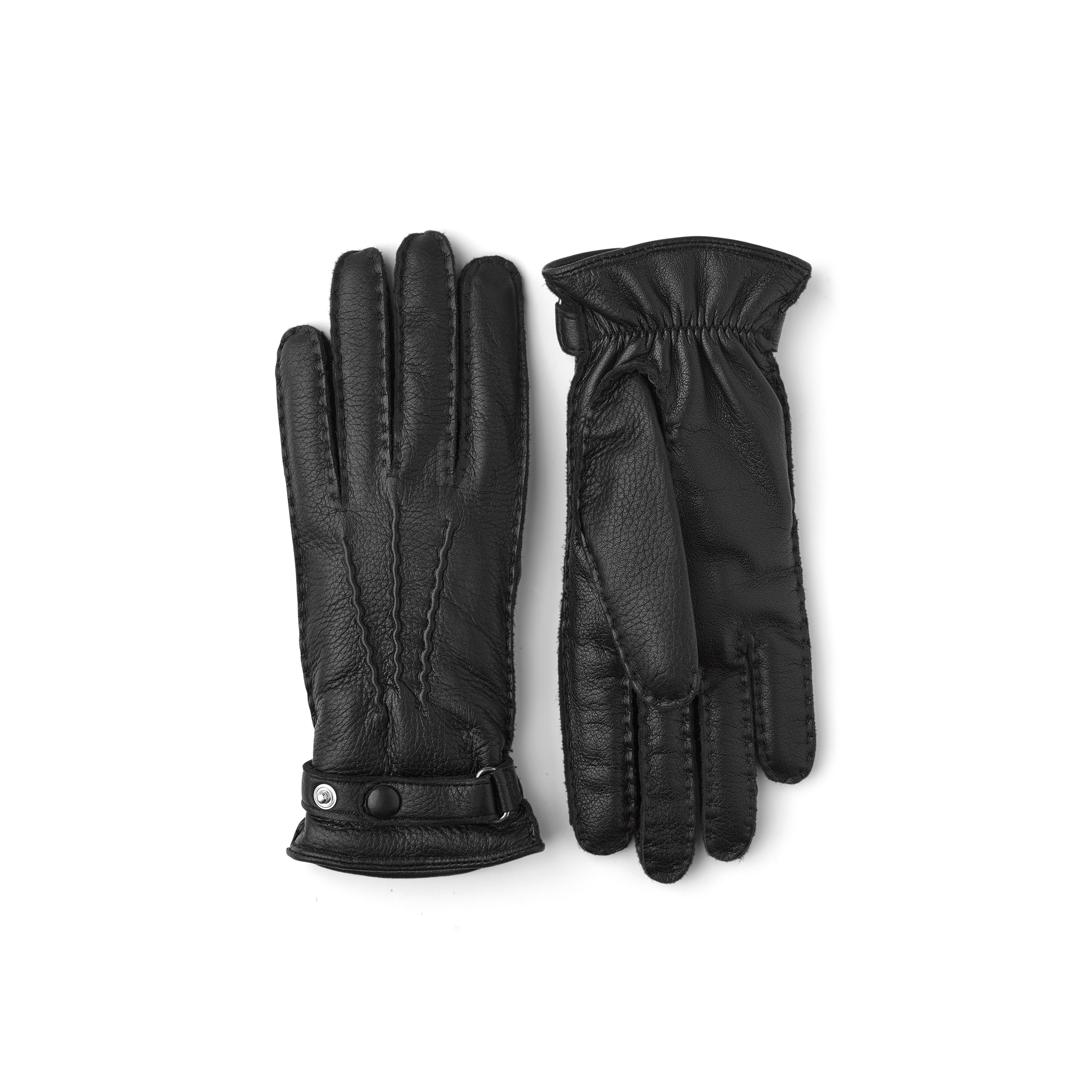 Black hand-sewn elk leather glove with leather strap and button