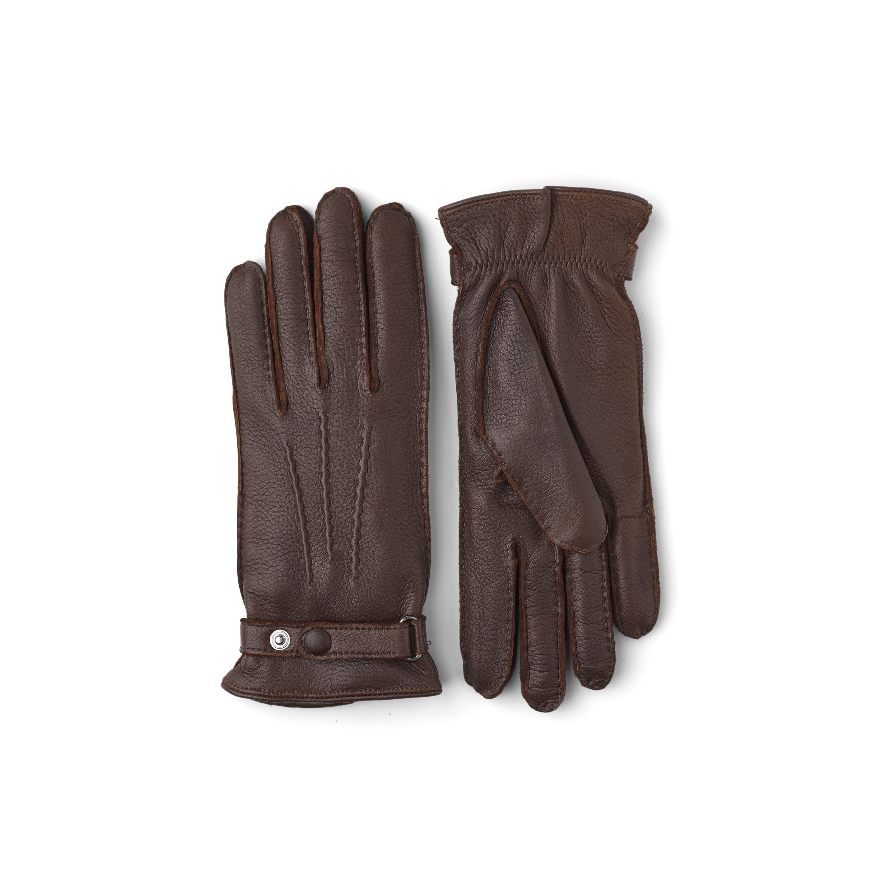 Brown hand-sewn elk leather glove with leather strap and button