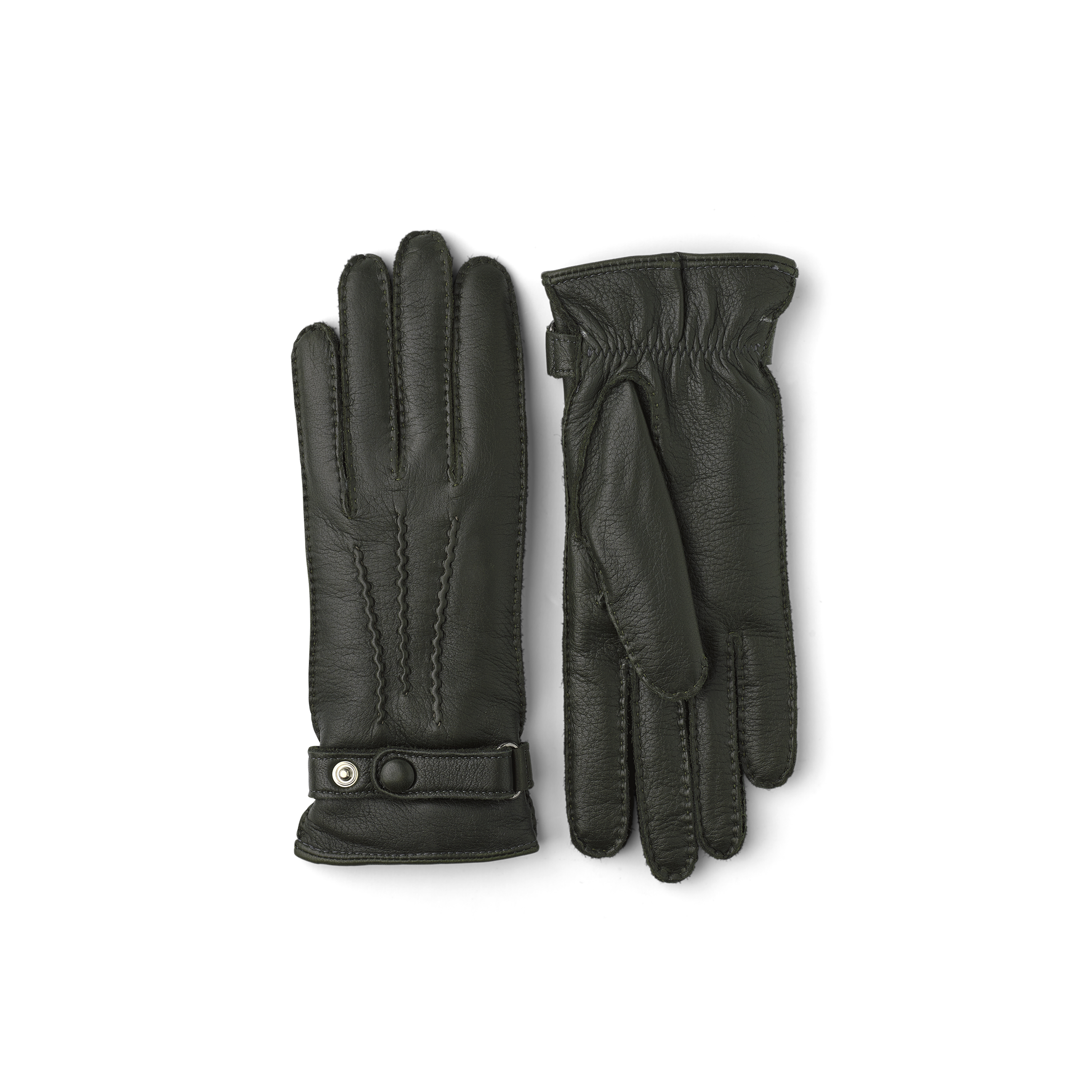 Dark green hand-sewn elk leather glove with leather strap and button