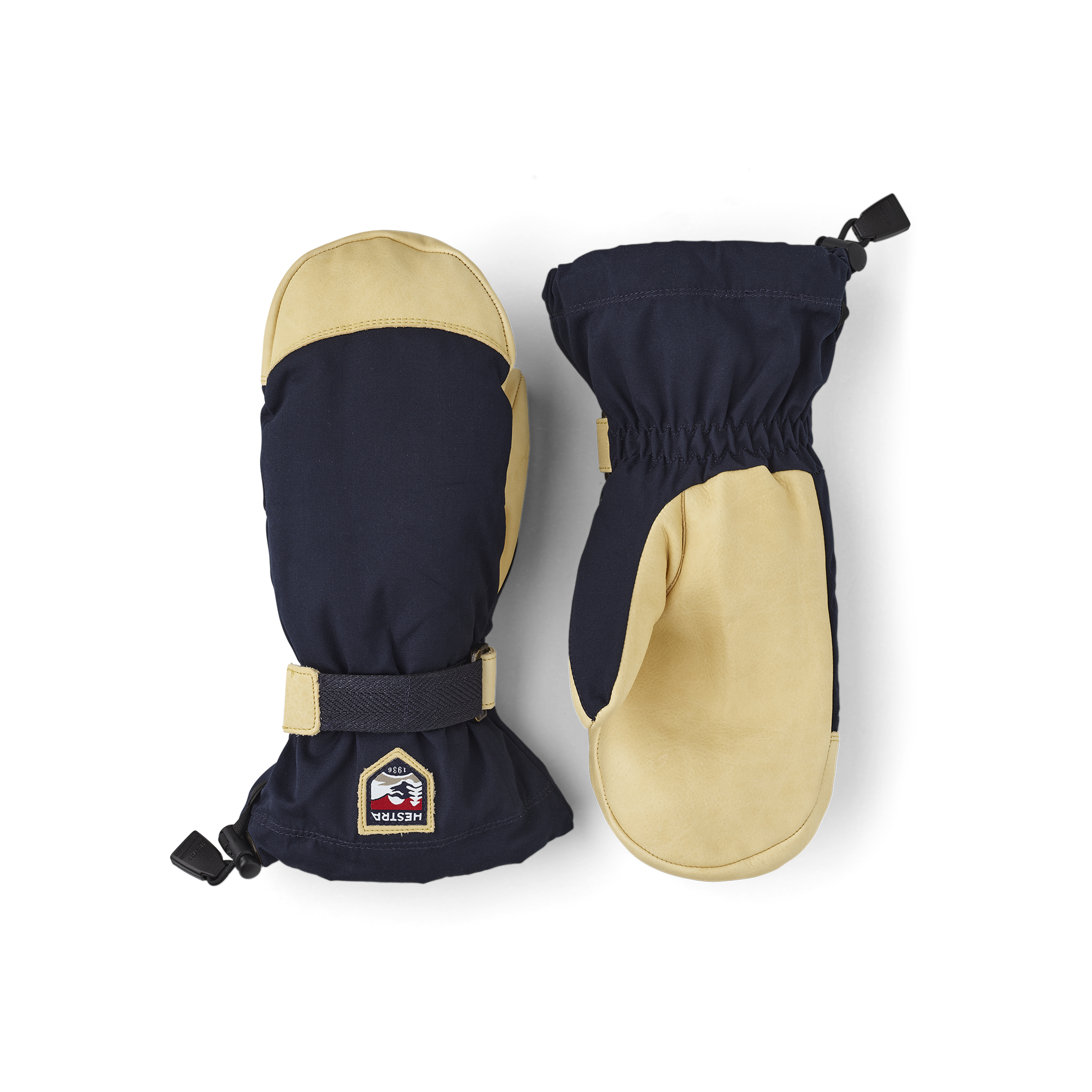 Dark blue fabric mitten with light yellow cow hide palm