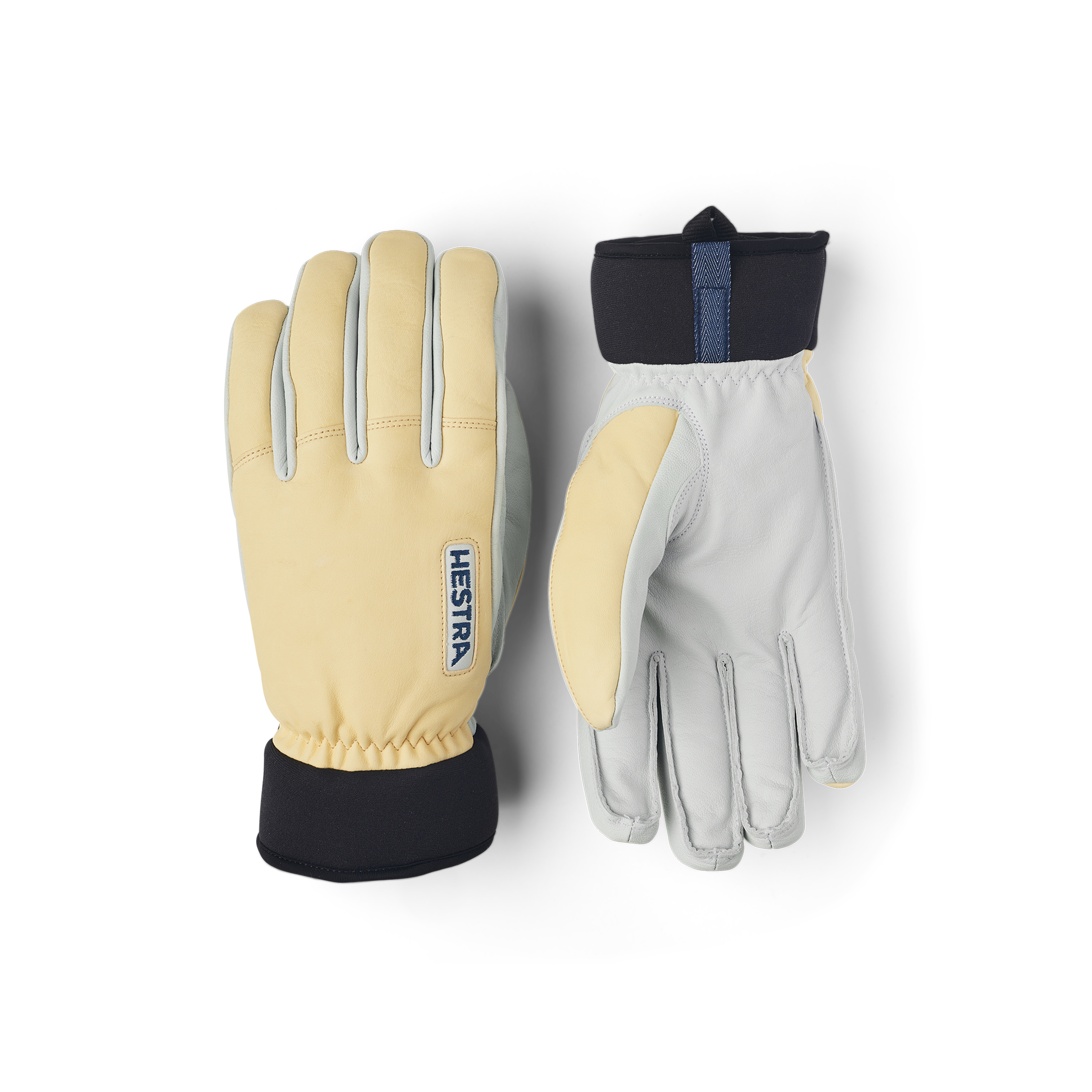 Light yellow goat leather and cow hide ski glove with white palm
