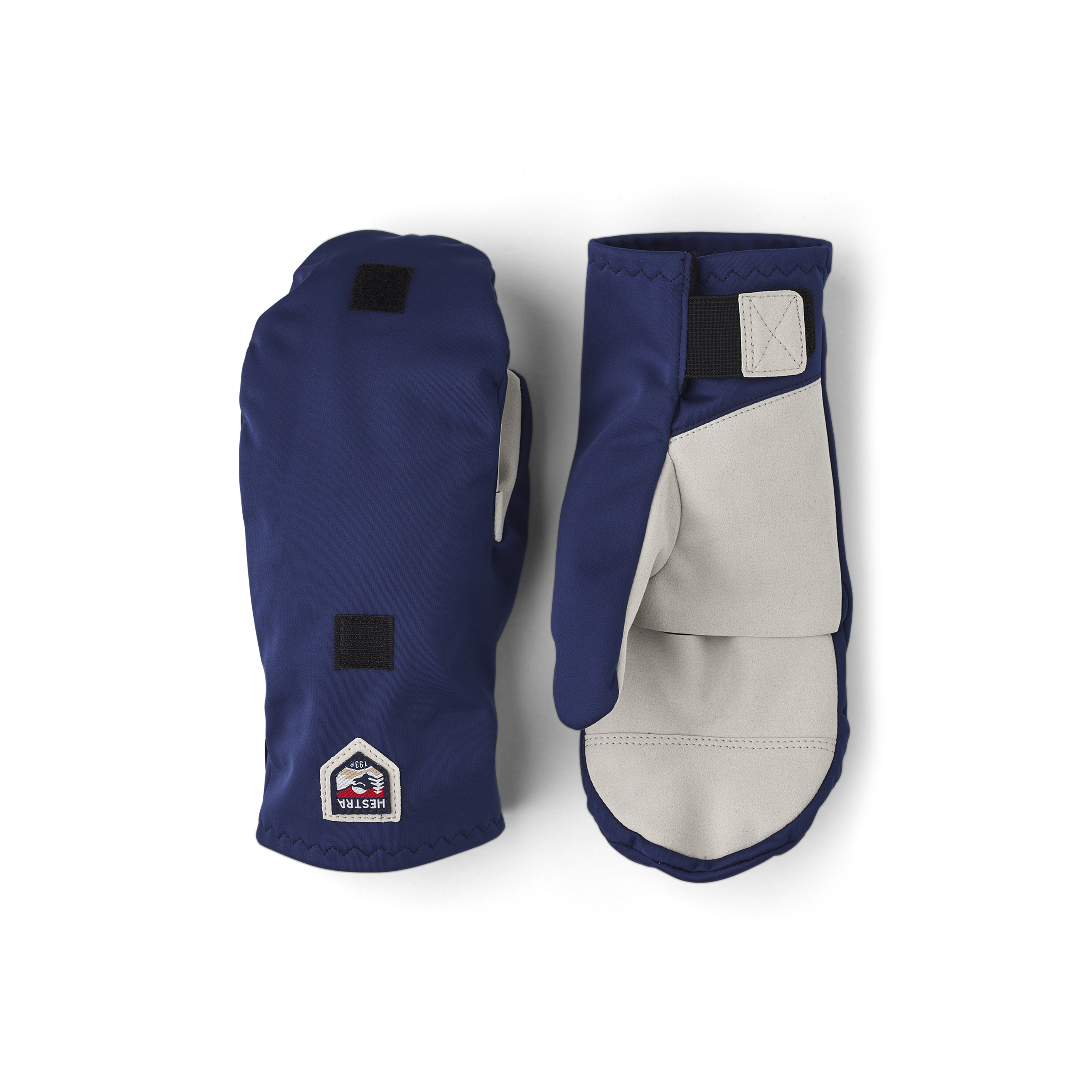 Dark blue fabric shell mitten with gray synthetic suede palm