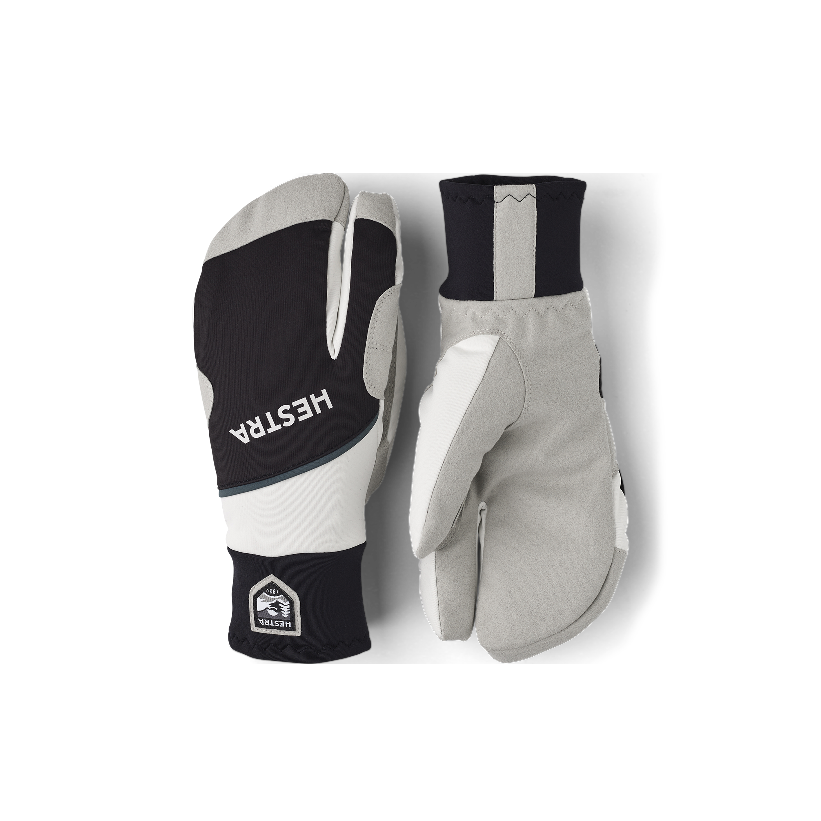 Black and white fabric three finger glove with gray synthetic suede palm