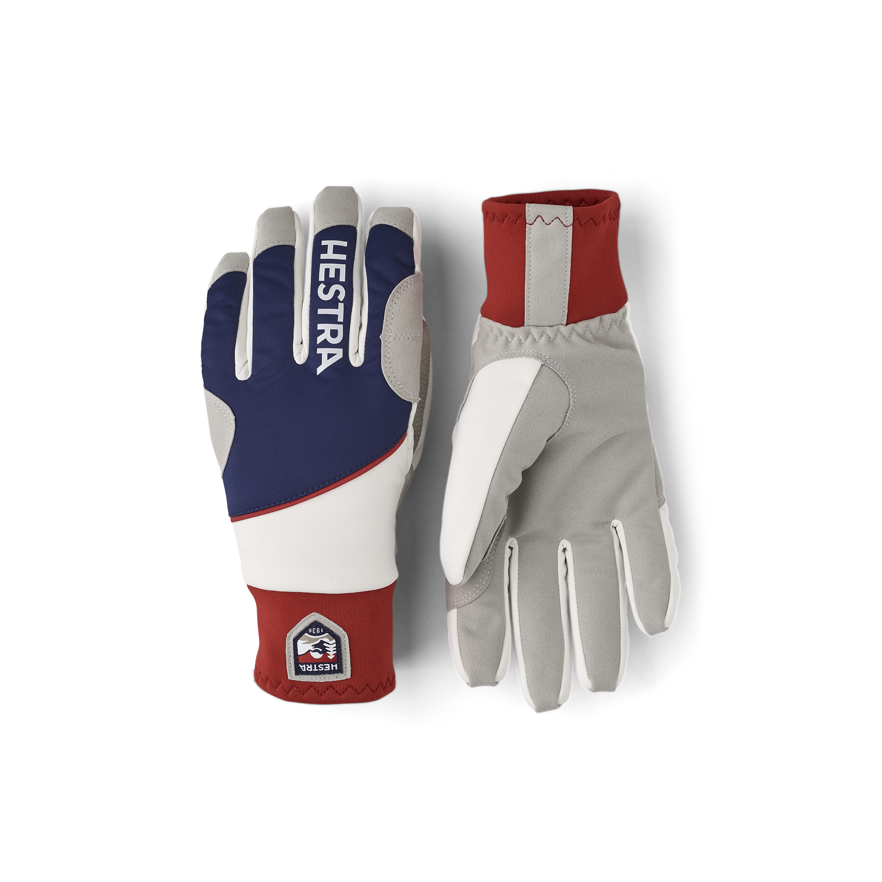 Blue and red fabric cross-country ski glove with gray synthetic suede palm