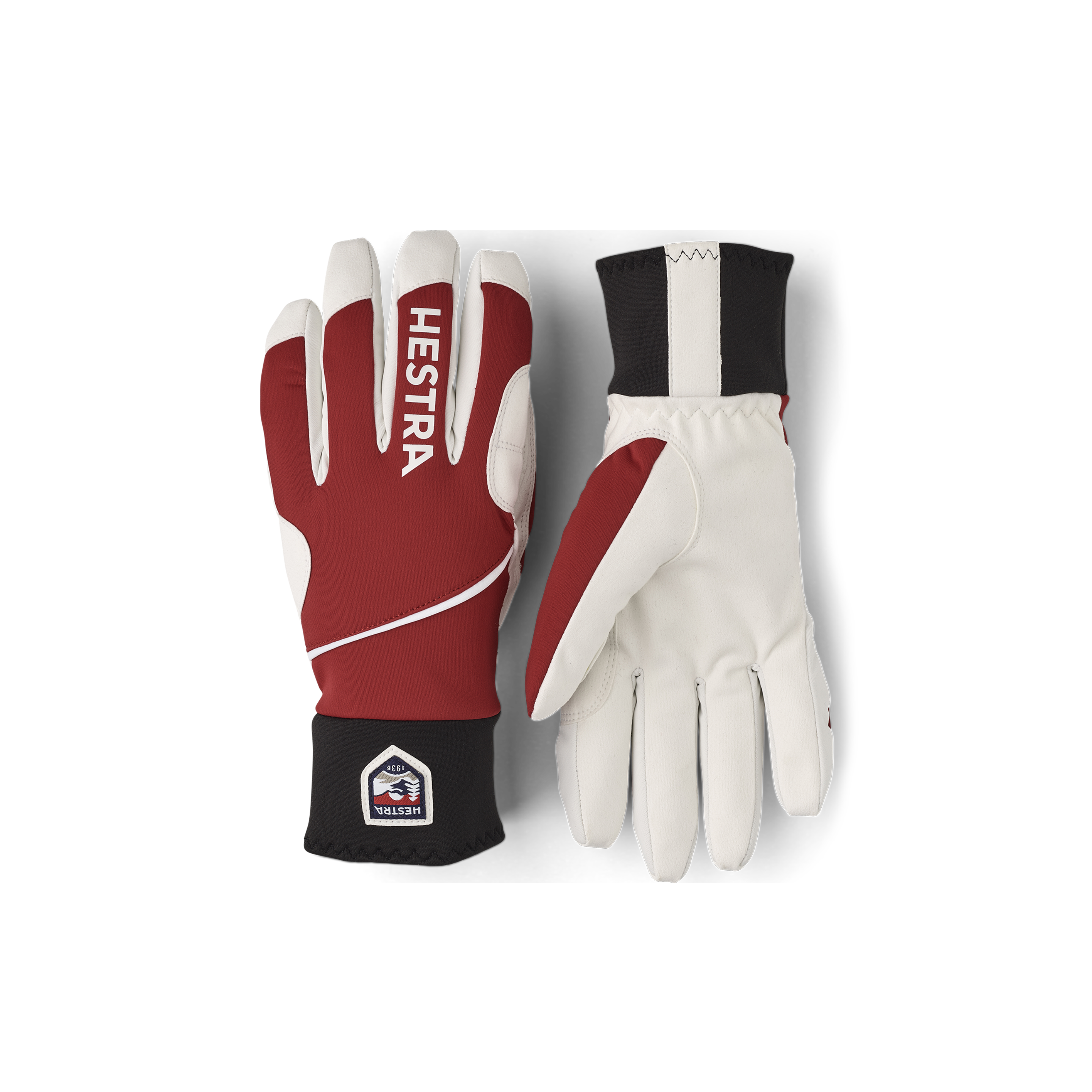Red fabric cross-country ski glove with white synthetic suede palm