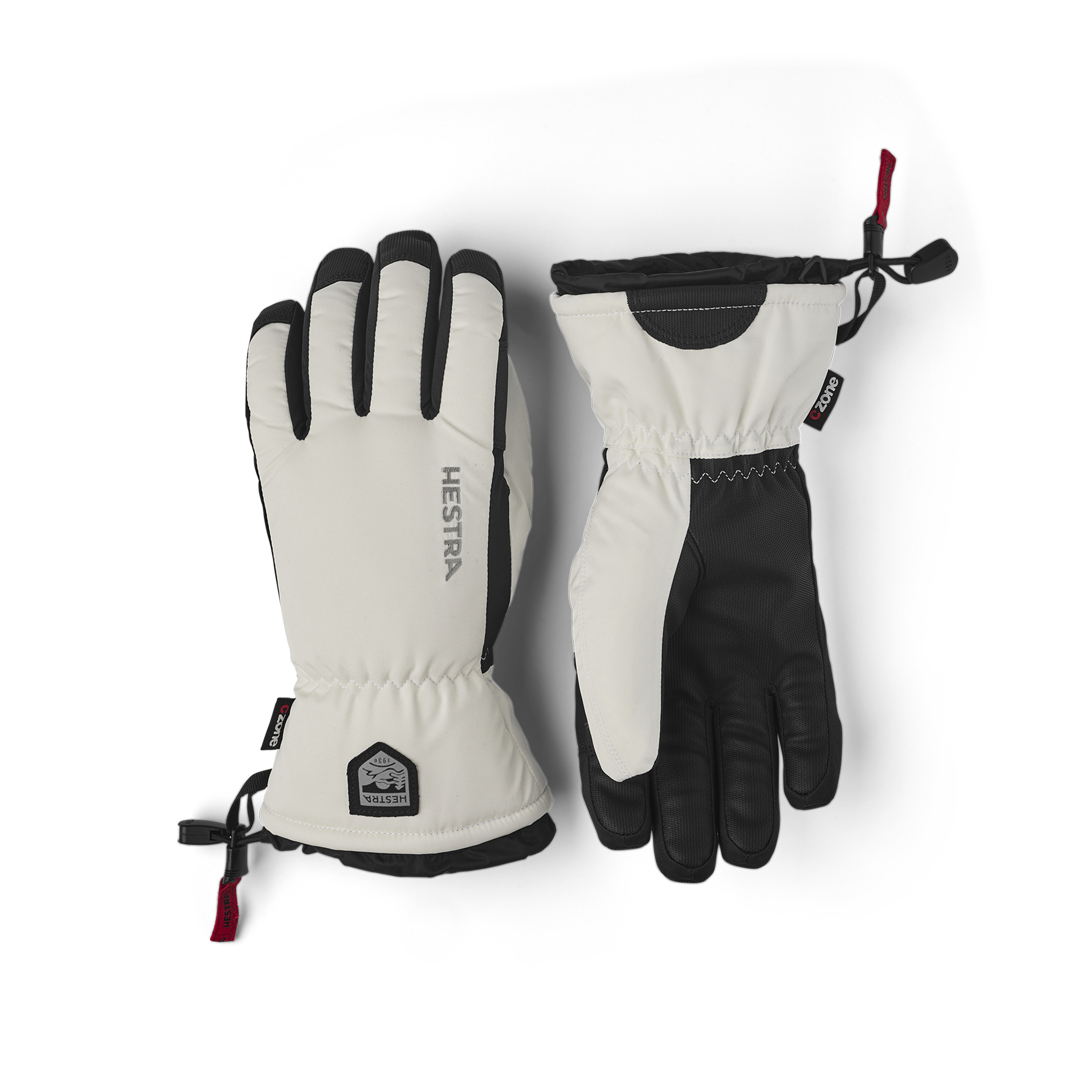 White fabric ski glove with black synthetic palm