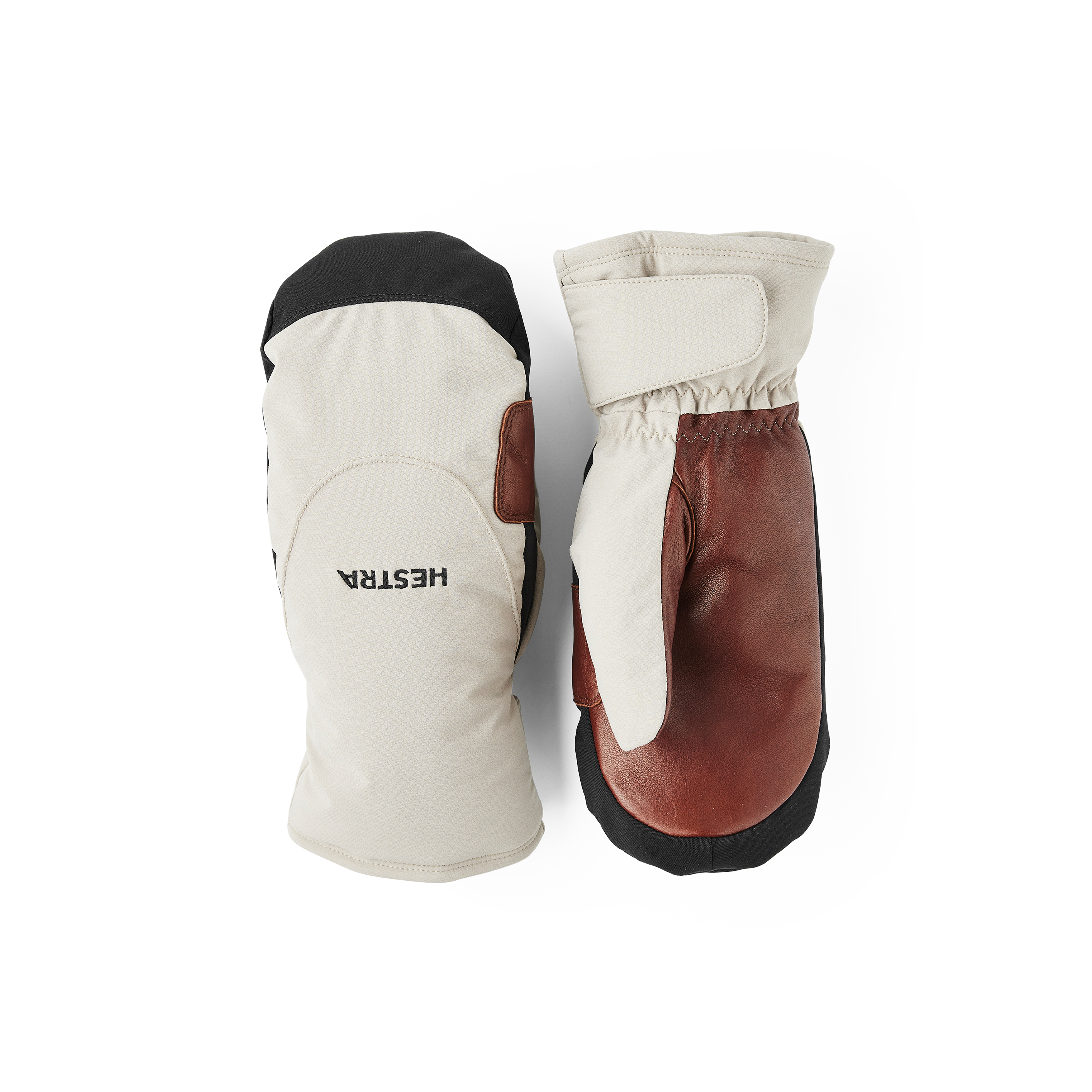 Beige fabric mitten with dark brown hairsheep palm