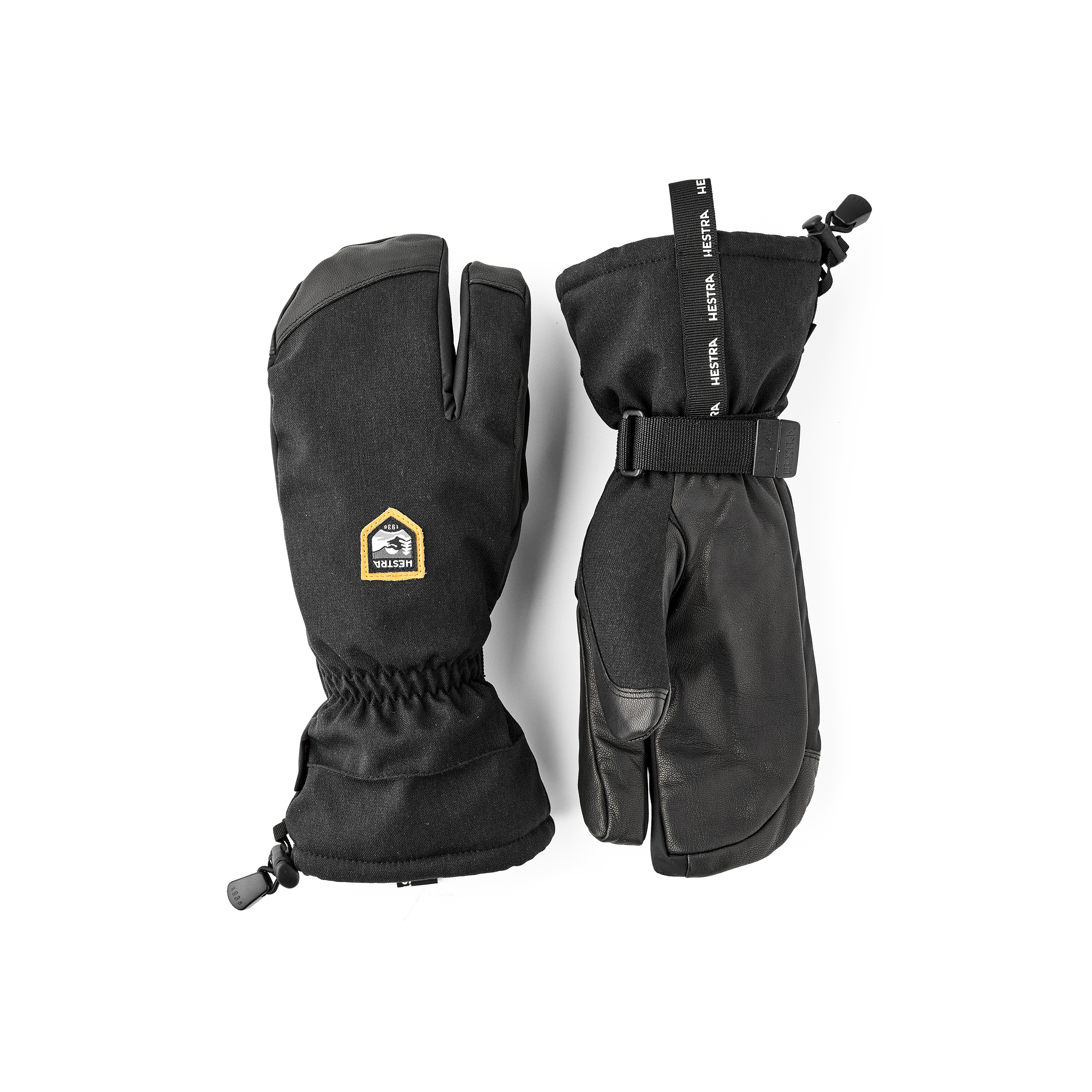 Black three finger glove with black goat leather palm and wrist adjustment