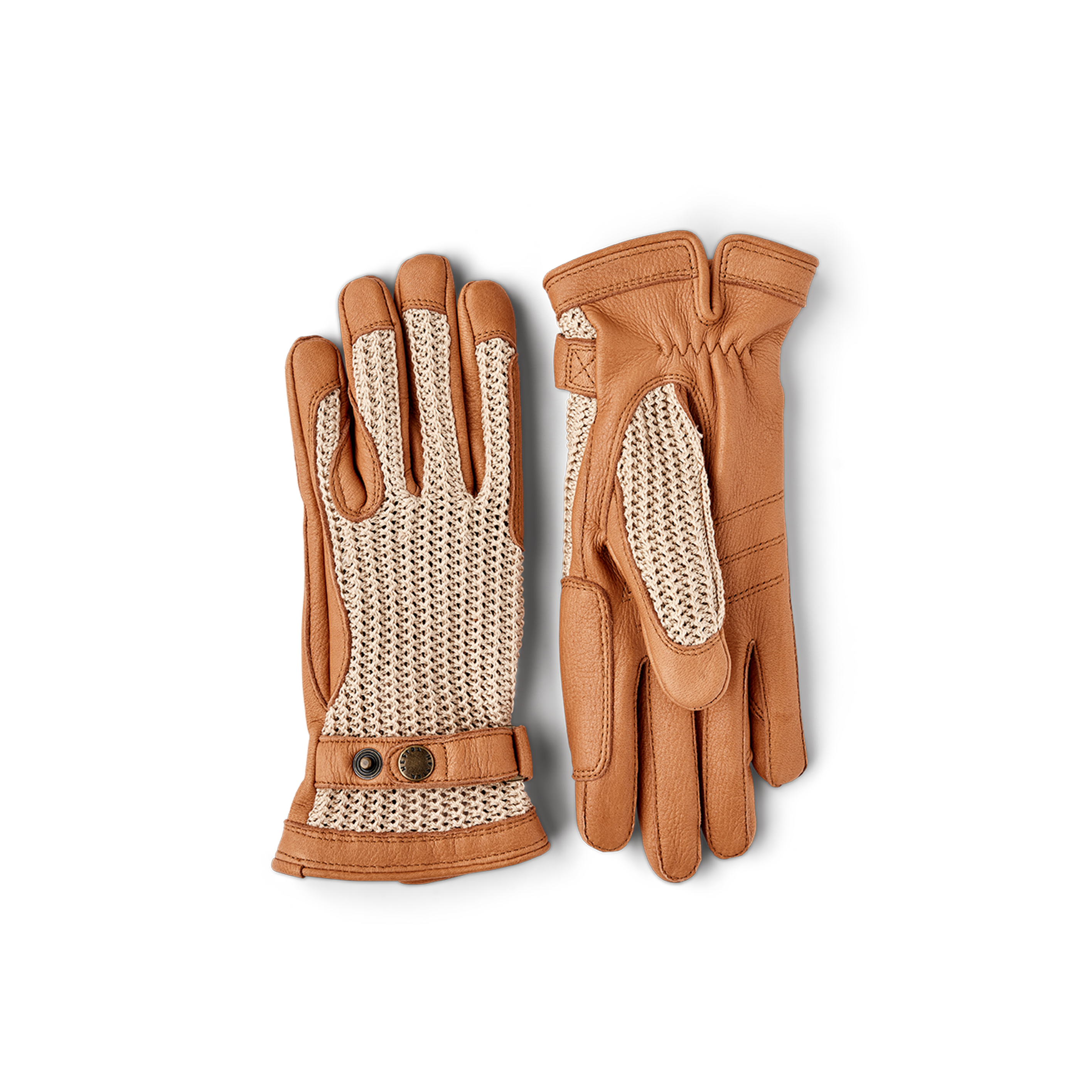 Beige riding glove in crocheted cotton with light brown deerskin palm