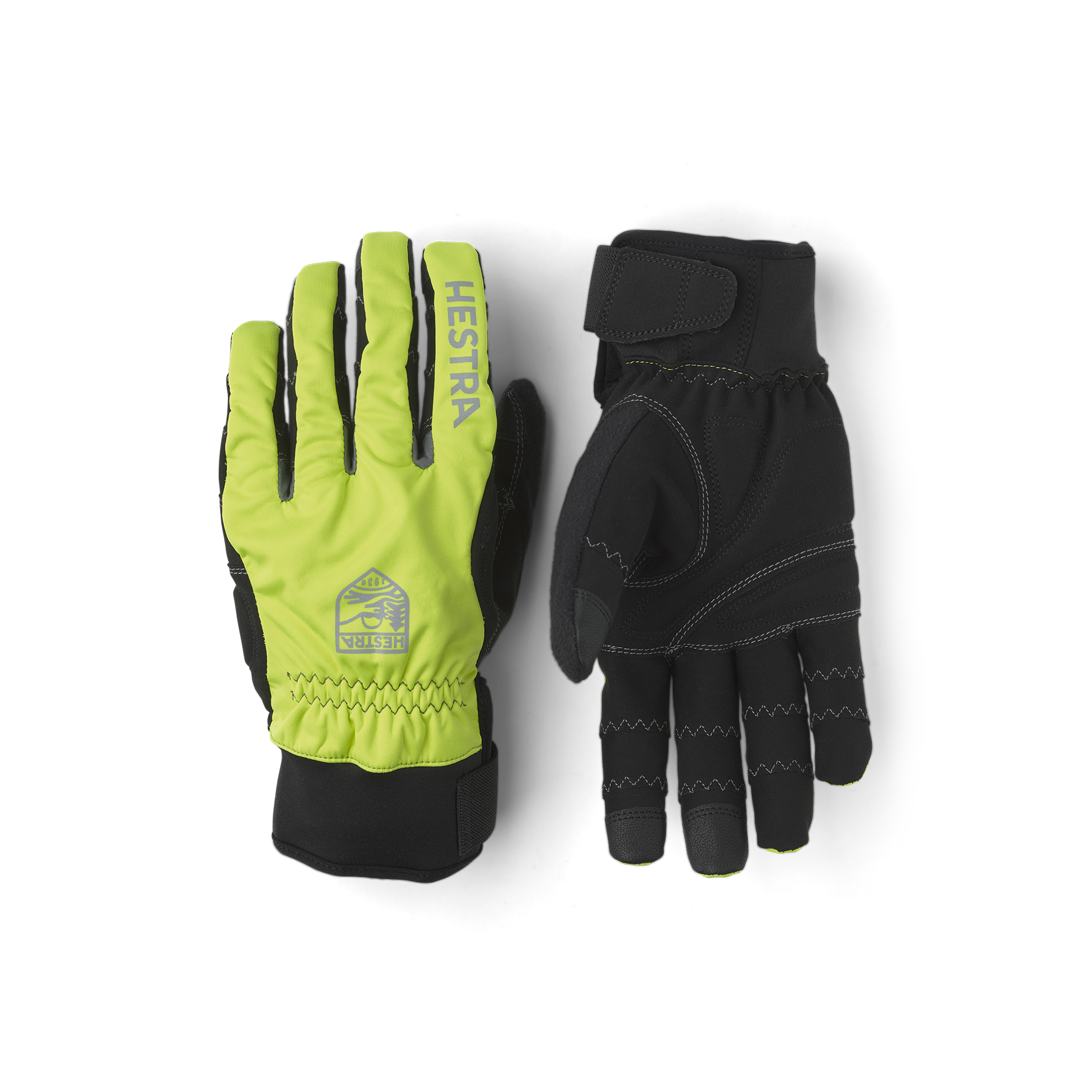 Green-yellow fabric cycling glove with black synthetic suede palm and touch function