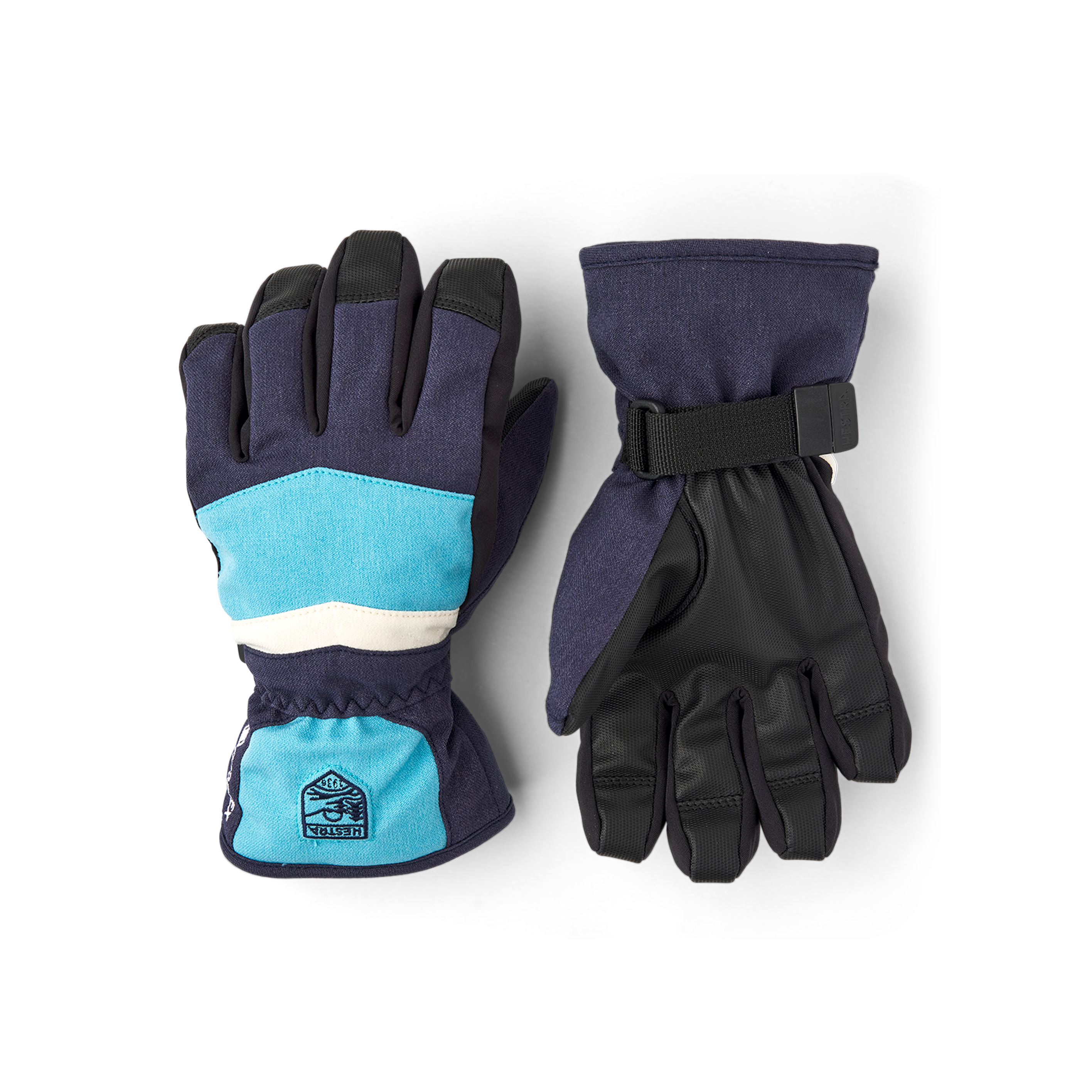 Blue fabric children’s glove with black synthetic palm and wrist adjustment
