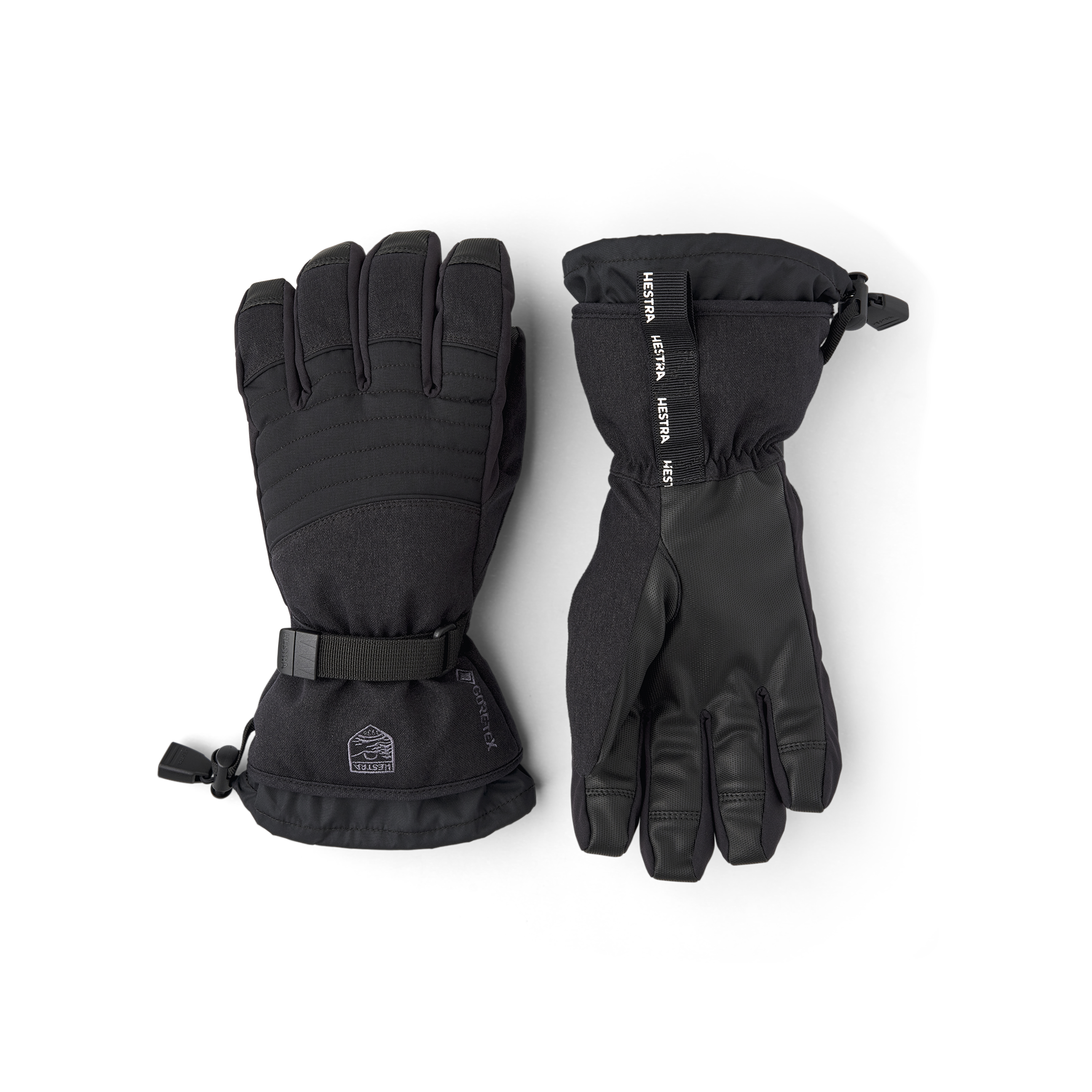 Black fabric ski glove with synthetic palm and wrist adjustment