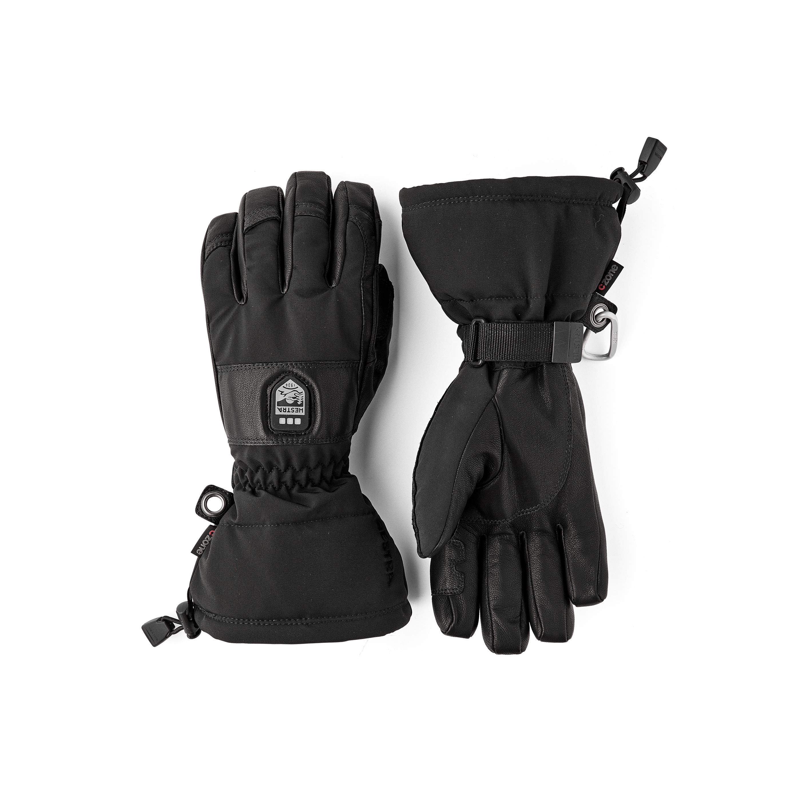 Black heated glove with black goat leather palm