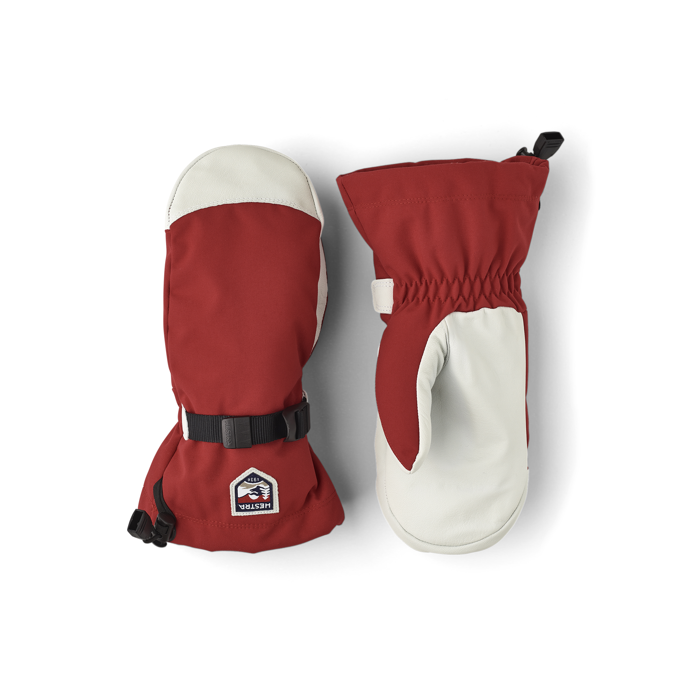 Red mitten with white goat leather palm and wrist strap