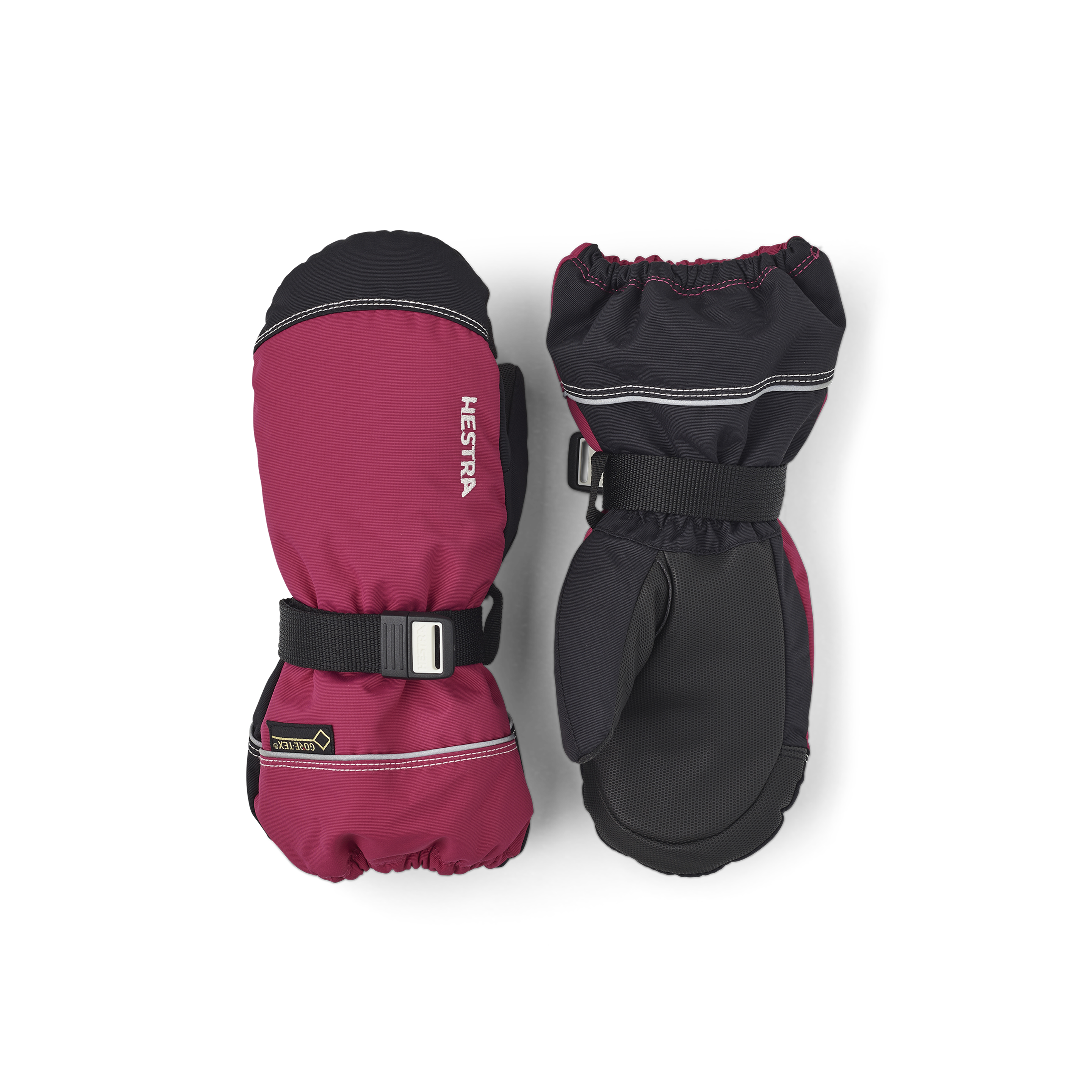 Pink and purple fabric mitten with black synthetic palm and wrist adjustment