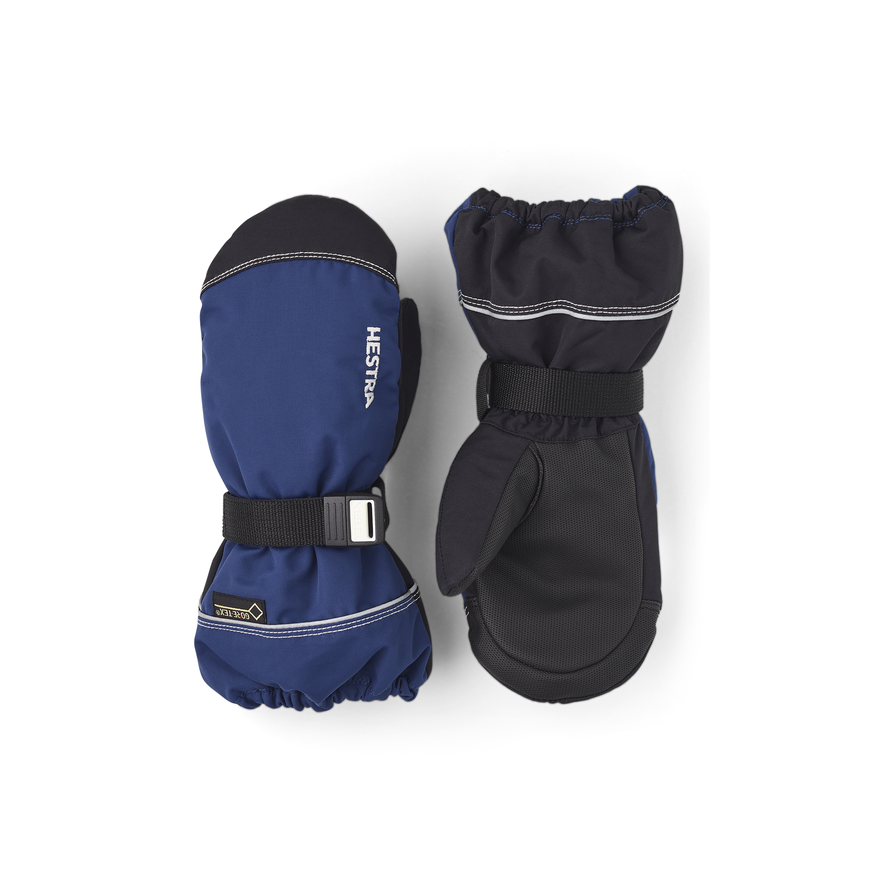 Blue fabric mitten with black synthetic palm and wrist adjustment