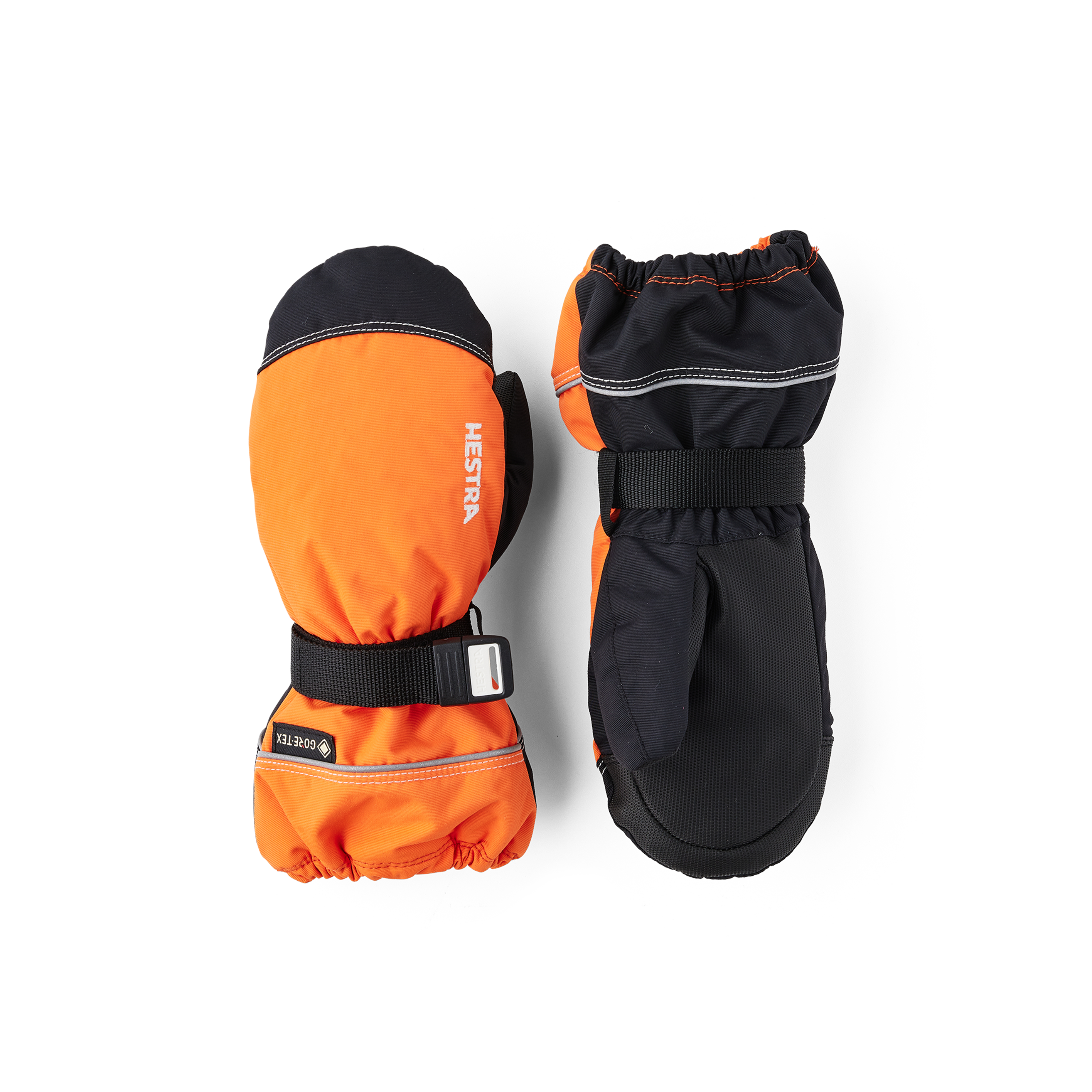 Orange fabric mitten with black synthetic palm and wrist adjustment