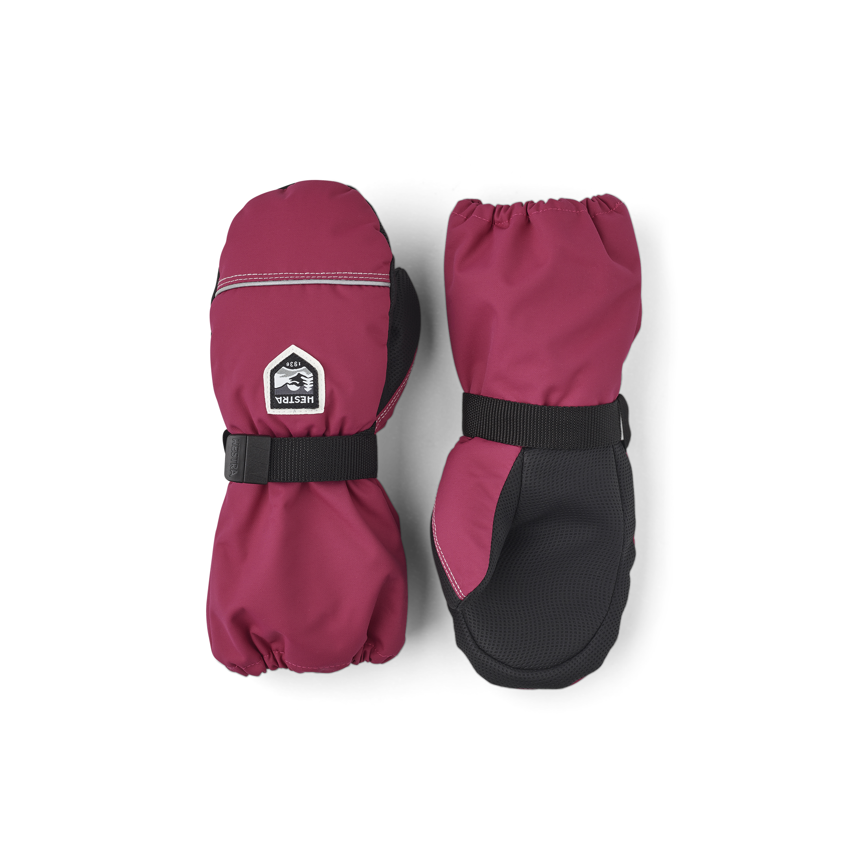 Pink and purple fabric mitten with black palm and wrist adjustment