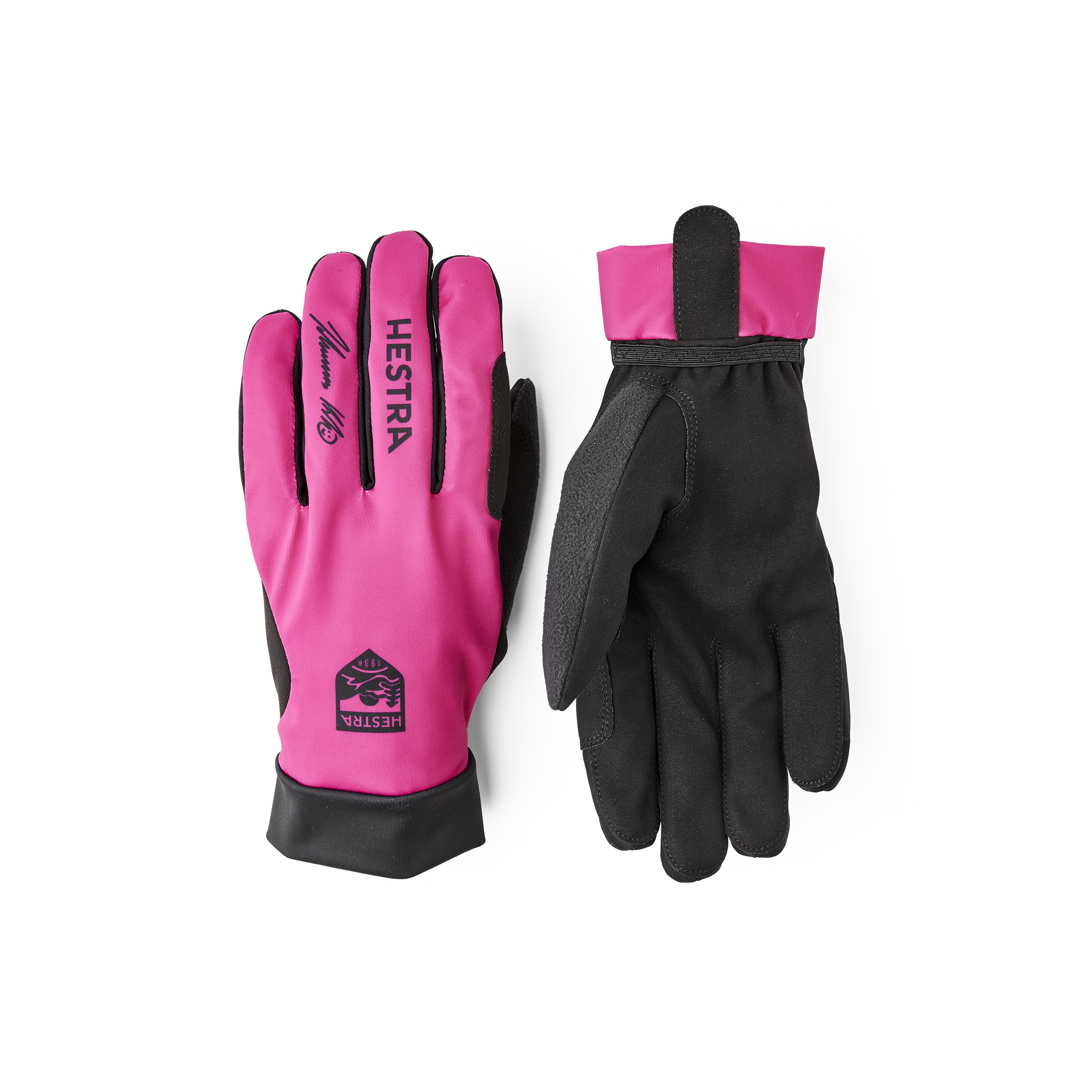 Pink and black fabric cross-country ski glove with black synthetic suede palm