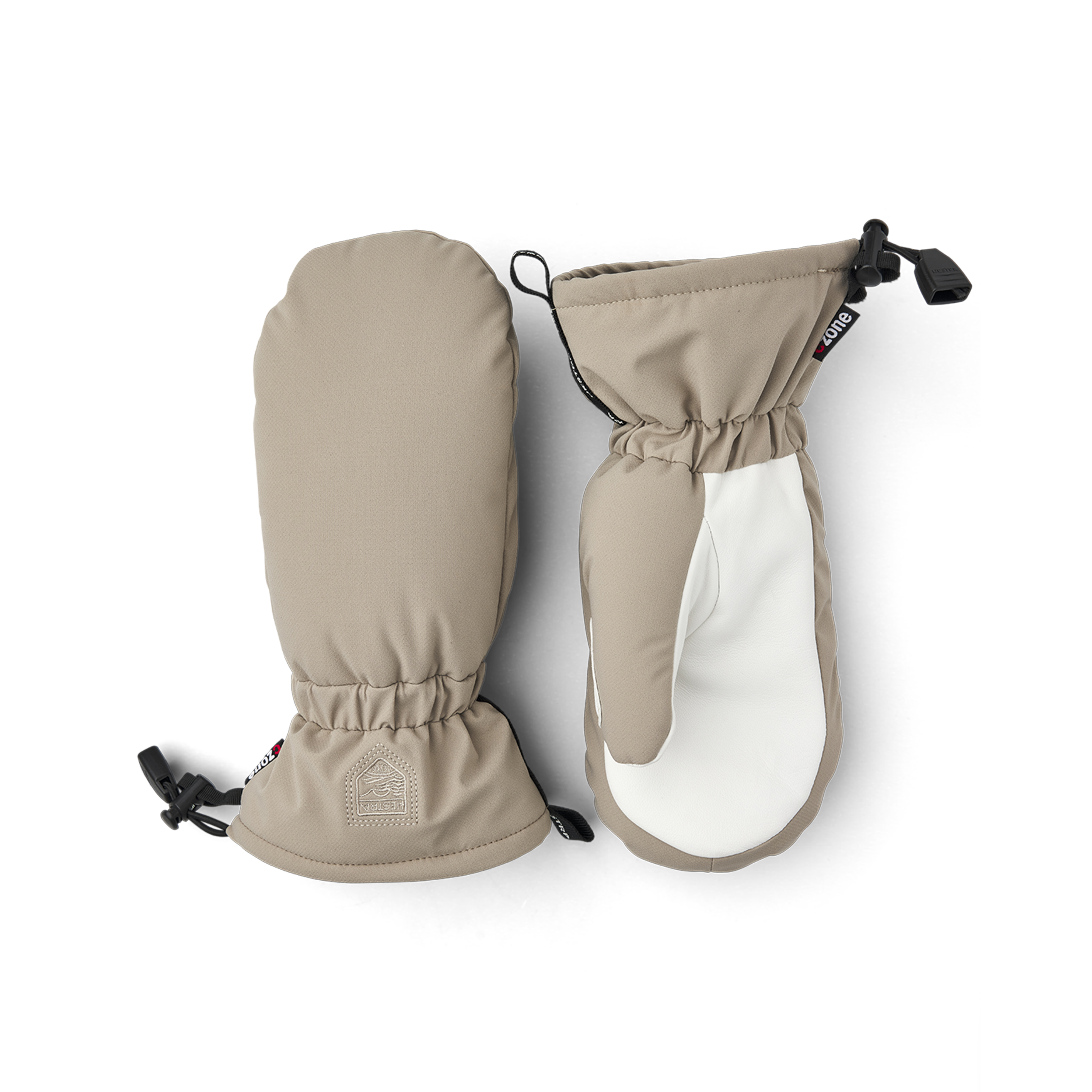 Beige fabric mitten with white goat leather palm