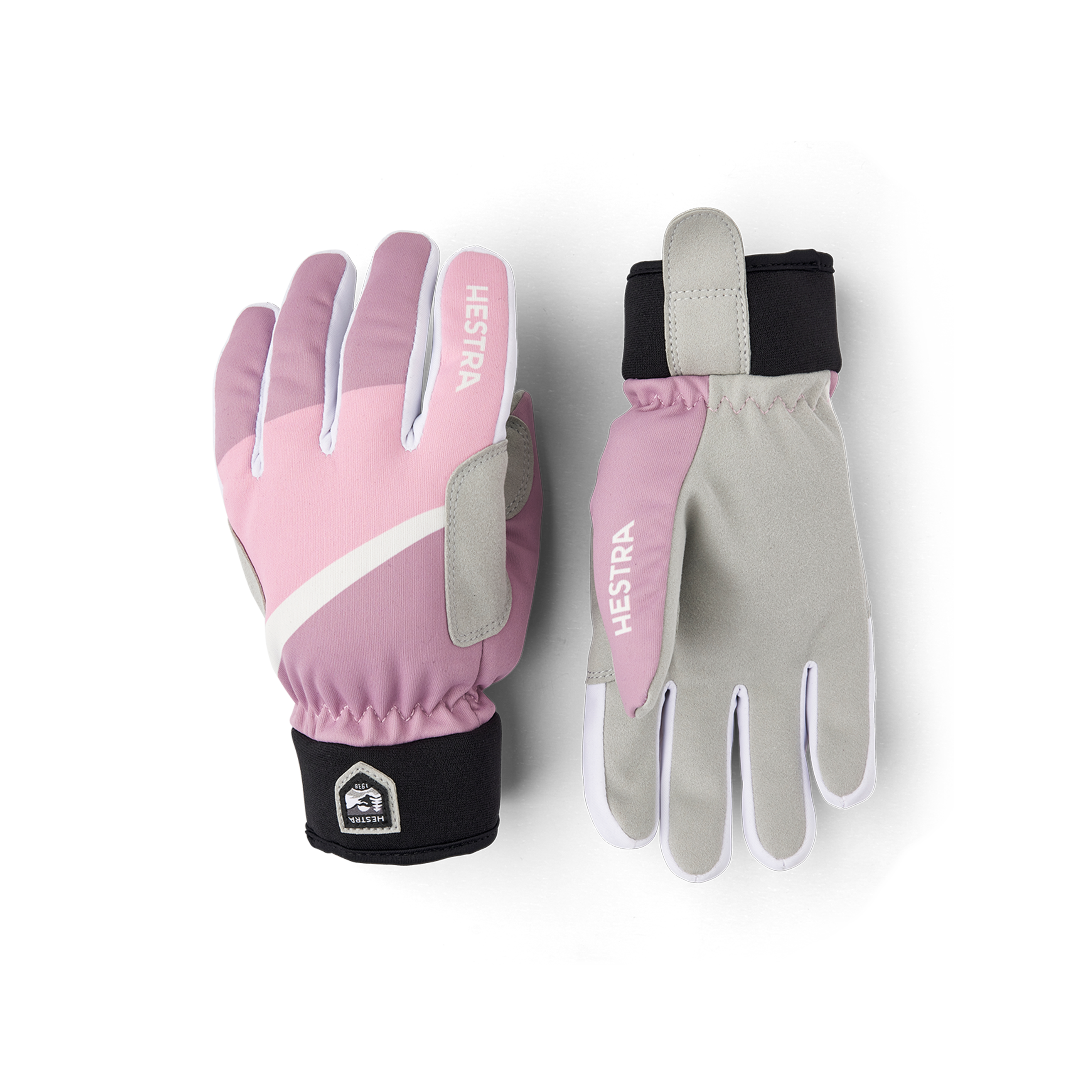 Pink and purple fabric cross-country ski glove with gray synthetic suede palm
