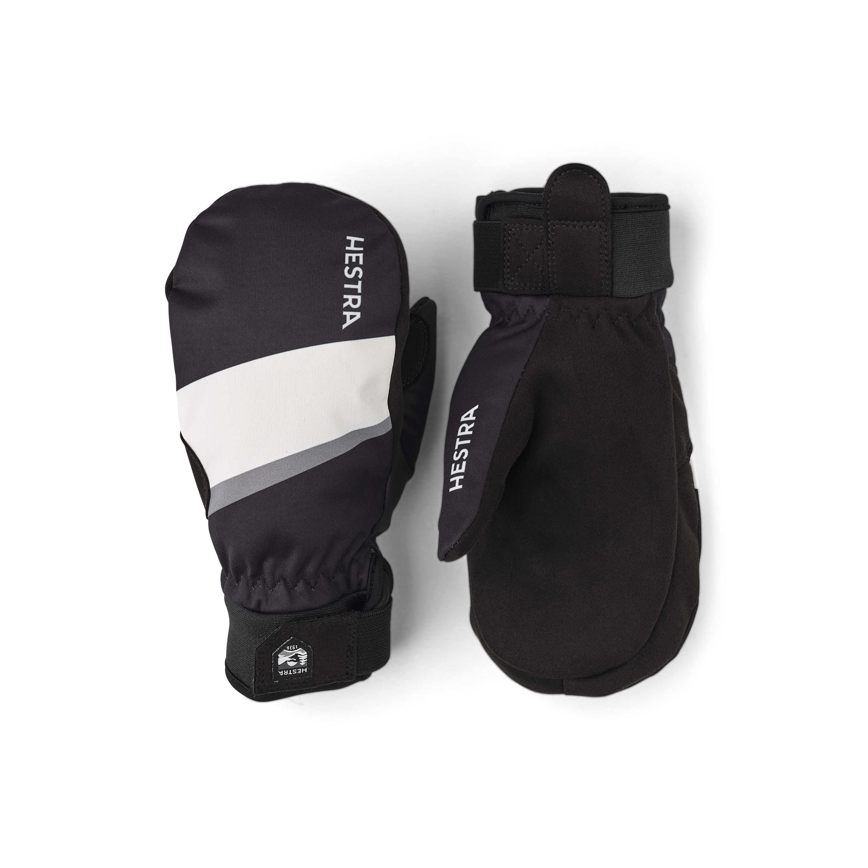 Black and white fabric mitten with black synthetic suede palm